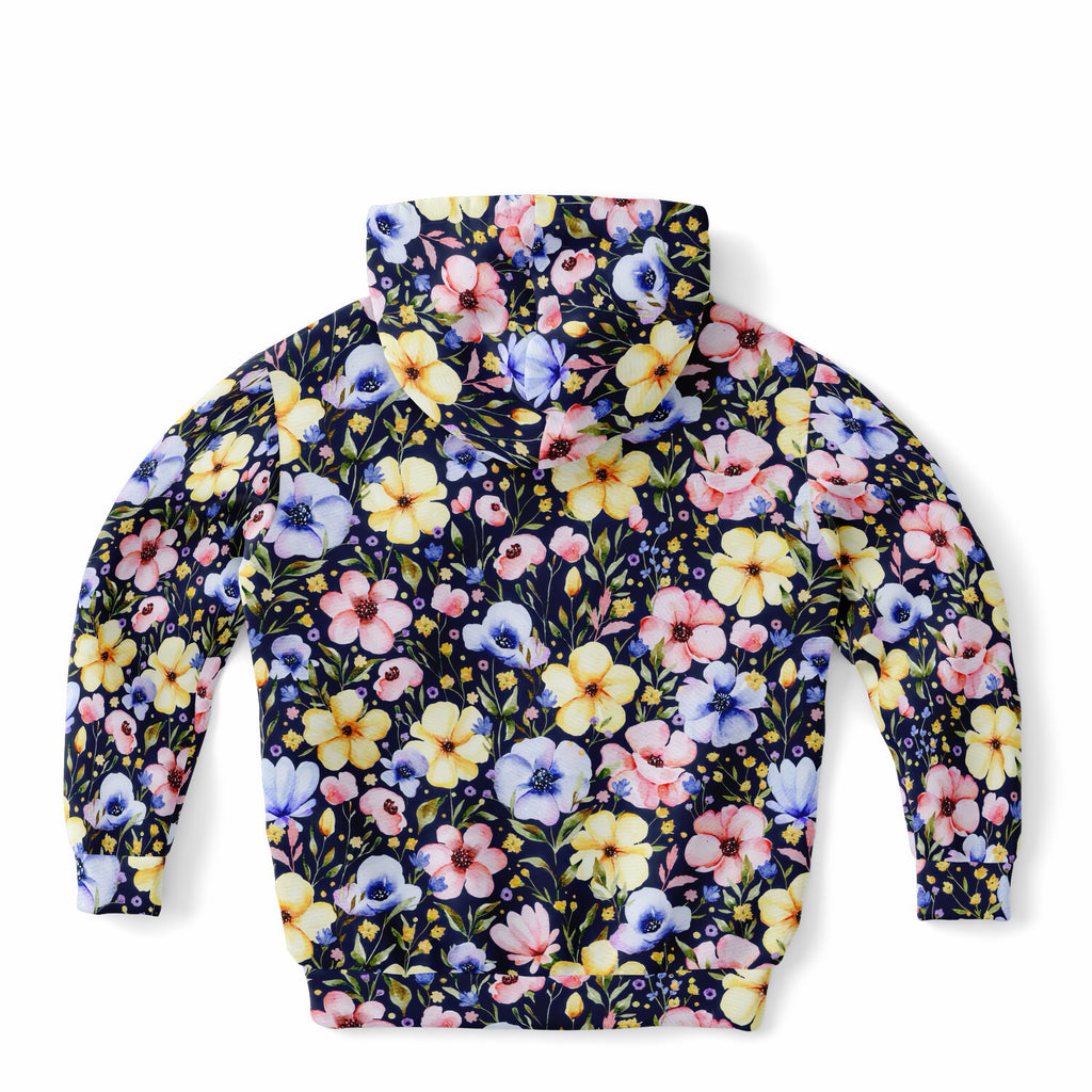 Girls Navy Blue Watercolor Floral Hoodie – Ultra Comfy & Stretchy, Cozy Fleece or Lightweight Sports Fabric, Double-Layer Hood & Kangaroo Pocket