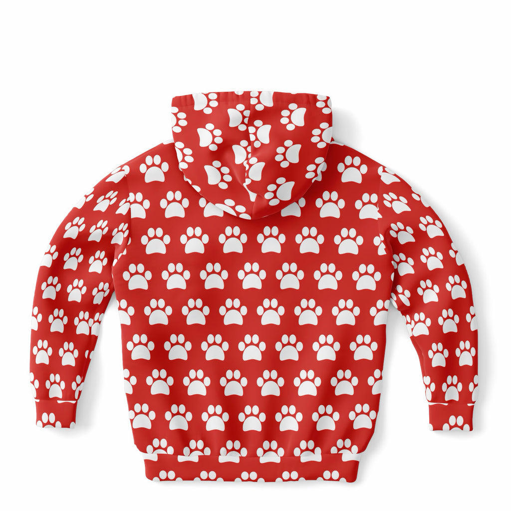 Kids Red Paw Print Hoodie – Ultra Comfy & Stretchy, Cozy Fleece or Lightweight Sports Fabric, Double-Layer Hood & Kangaroo Pocket