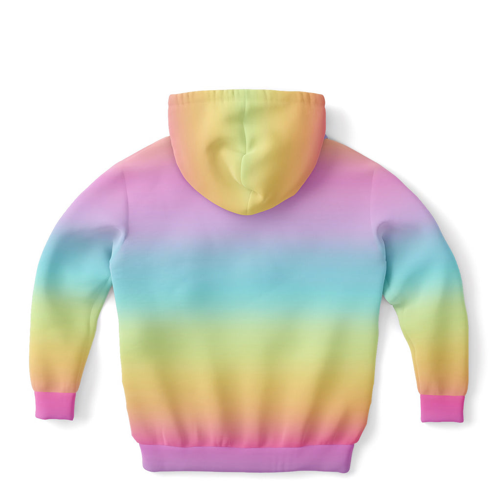 Girls bright rainbow hoodie with vibrant gradient colors soft cotton fleece fabric and matching pink cuffs and hem
