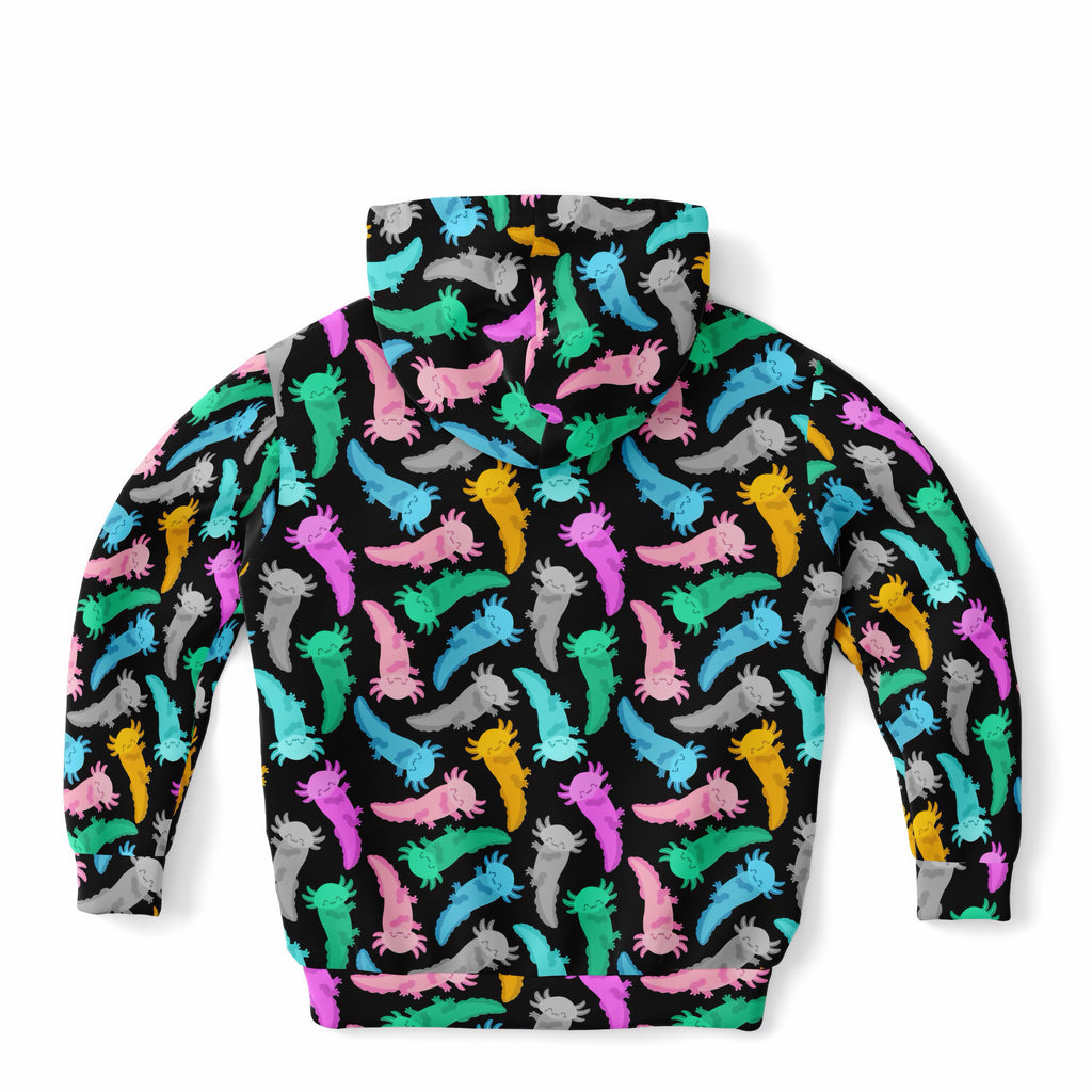 Kids Colorful Axolotl Hoodie – Ultra Comfy & Stretchy, Cozy Fleece or Lightweight Sports Fabric, Double-Layer Hood & Kangaroo Pocket