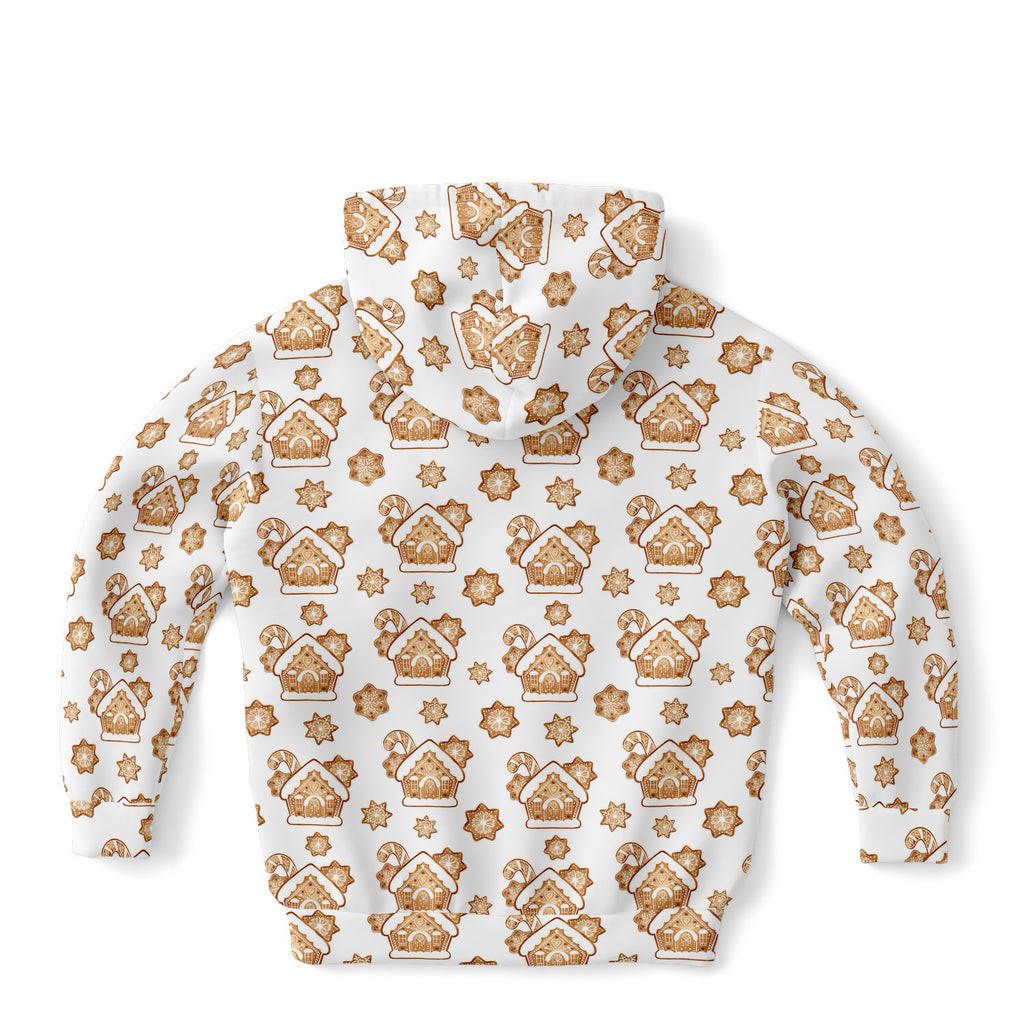 Kids Gingerbread House Christmas Hoodie – Ultra Comfy & Stretchy, Cozy Fleece or Lightweight Sports Fabric, Double-Layer Hood & Kangaroo Pocket