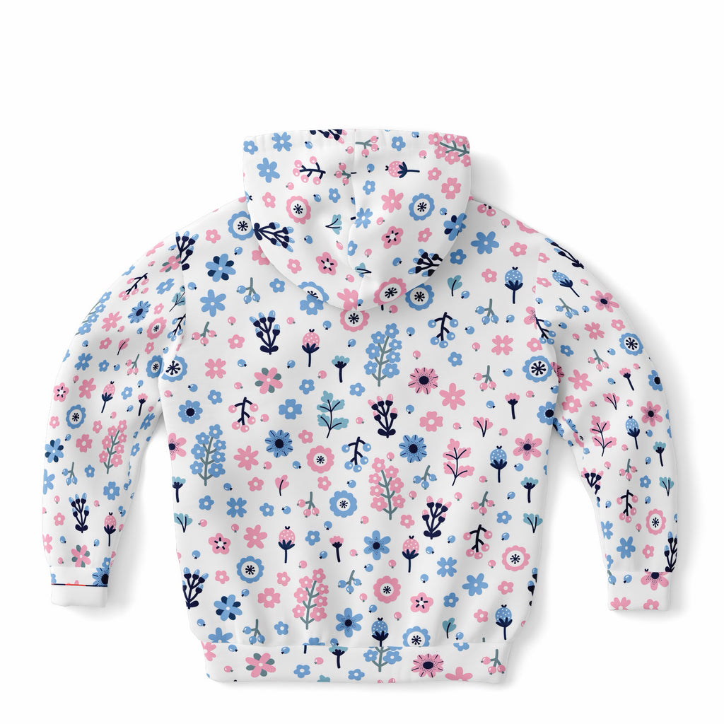 Girls Pink & Blue Floral Hoodie – Ultra Comfy & Stretchy, Cozy Fleece or Lightweight Sports Fabric, Double-Layer Hood & Kangaroo Pocket