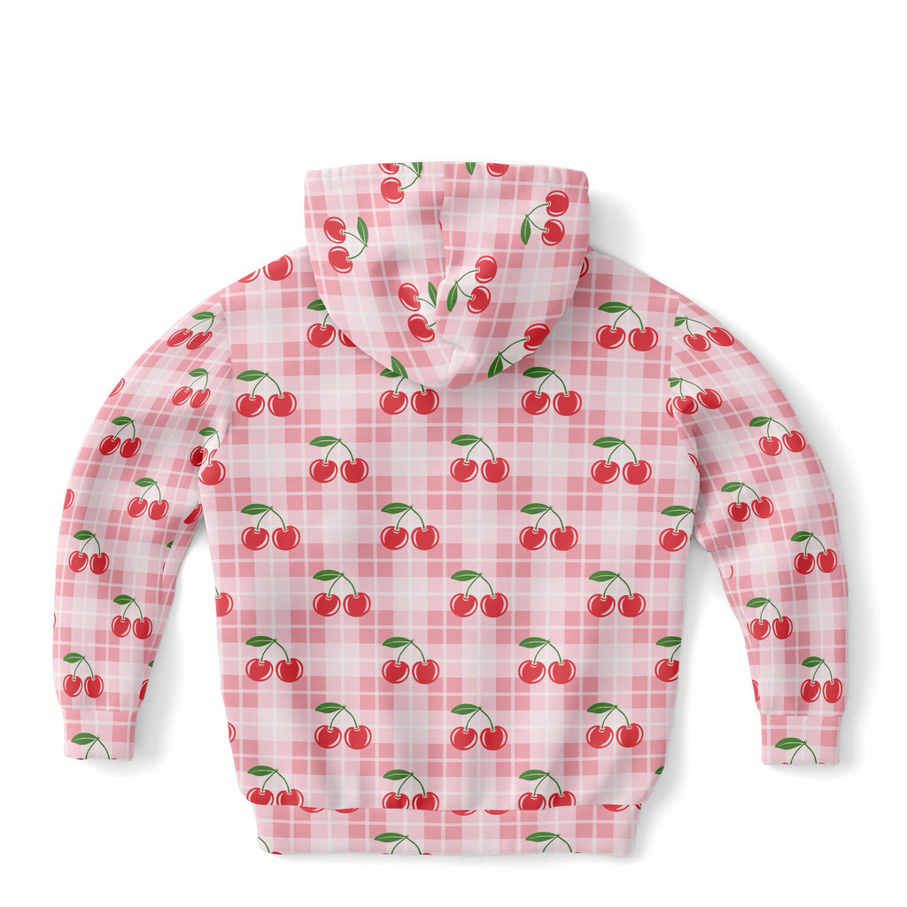 Girls Pink Cherry Plaid Hoodie – Ultra Comfy & Stretchy, Cozy Fleece or Lightweight Sports Fabric, Double-Layer Hood & Kangaroo Pocket