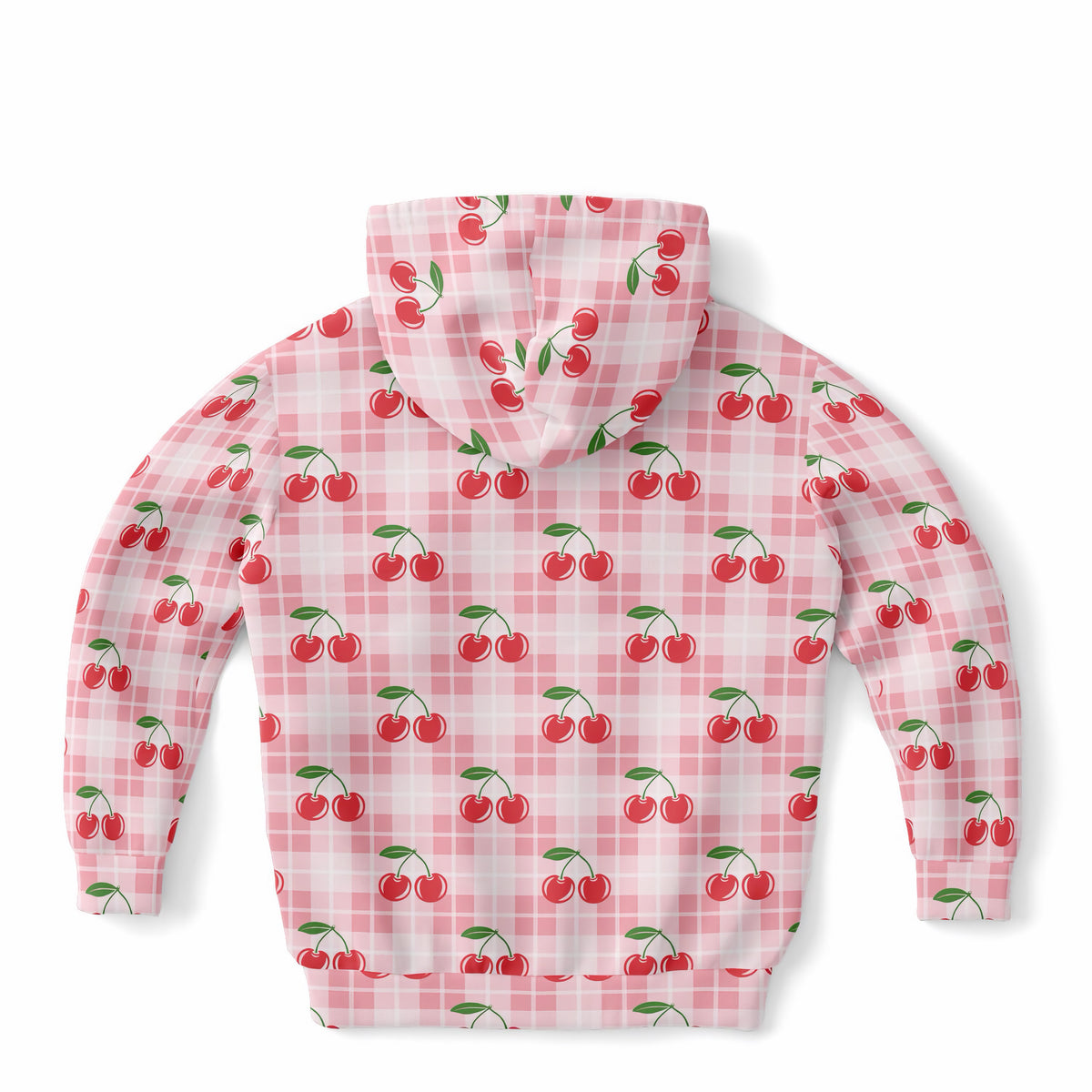 Girls Pink Cherry Plaid Hoodie – Ultra Comfy & Stretchy, Cozy Fleece or Lightweight Sports Fabric, Double-Layer Hood & Kangaroo Pocket