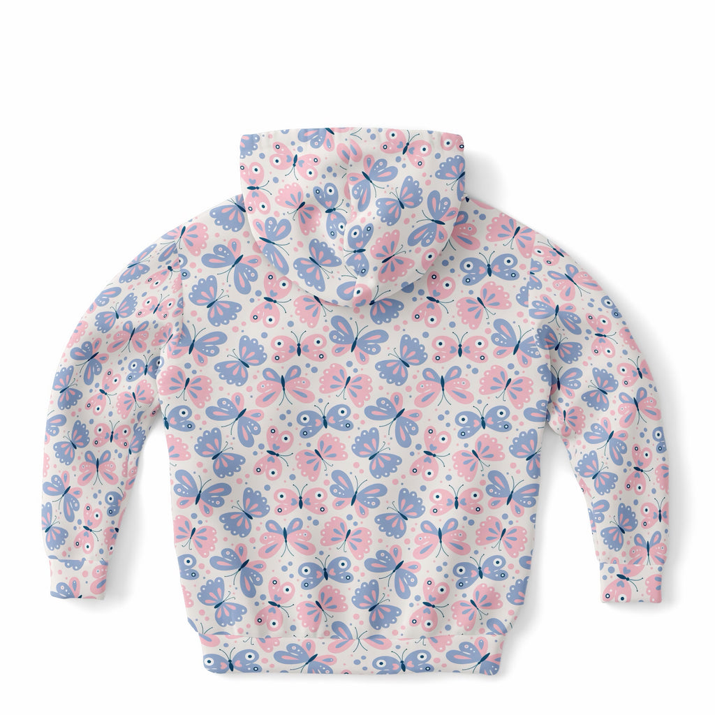 Girls Pink & Blue Butterfly Hoodie – Ultra Comfy & Stretchy, Cozy Fleece or Lightweight Sports Fabric, Double-Layer Hood & Kangaroo Pocket