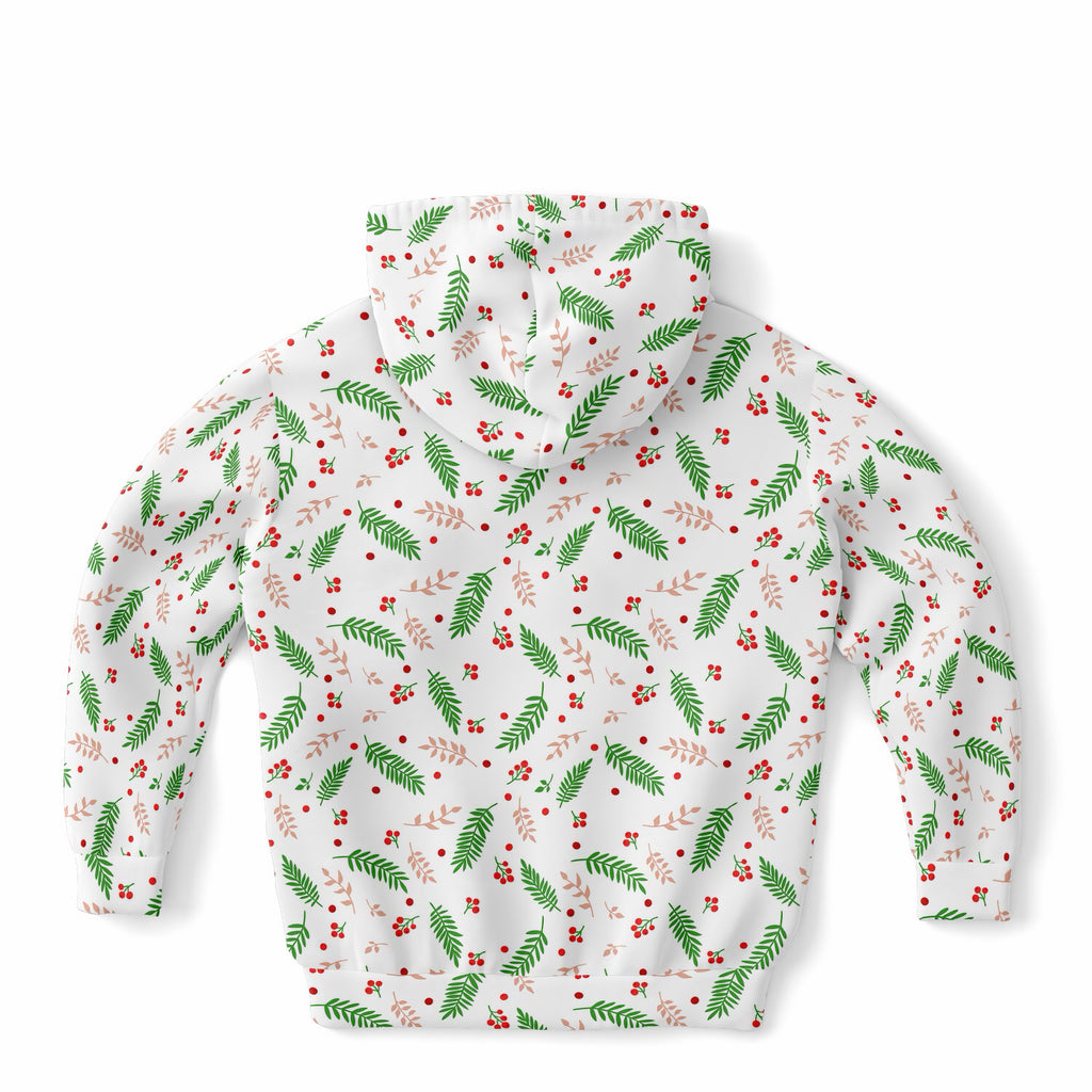 Kids Christmas Holly Berry & Evergreen Hoodie – Ultra Comfy & Stretchy, Cozy Fleece or Lightweight Sports Fabric, Double-Layer Hood & Kangaroo Pocket