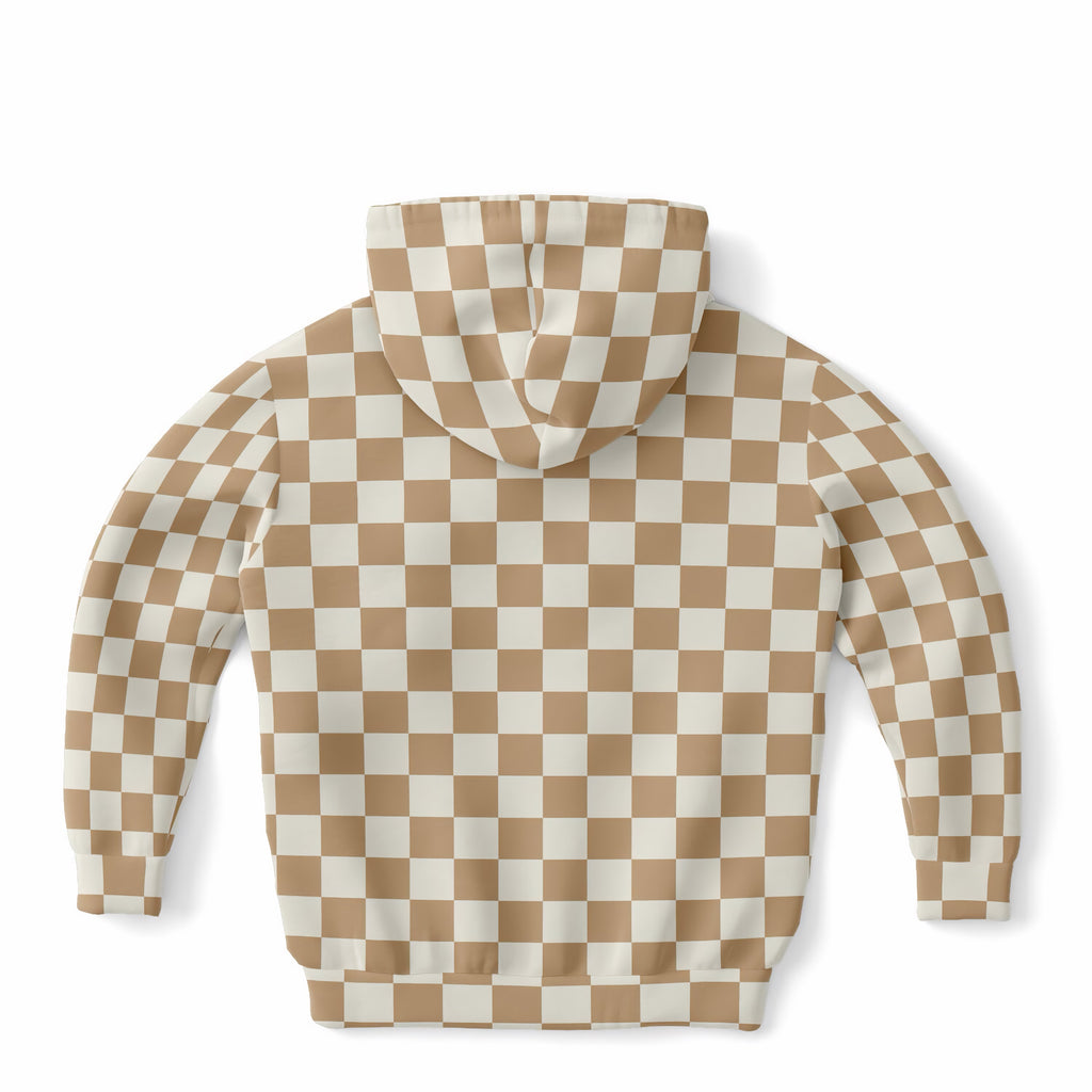 Kids Tan Checkered Hoodie – Ultra Comfy & Stretchy, Cozy Fleece or Lightweight Sports Fabric, Double-Layer Hood & Kangaroo Pocket
