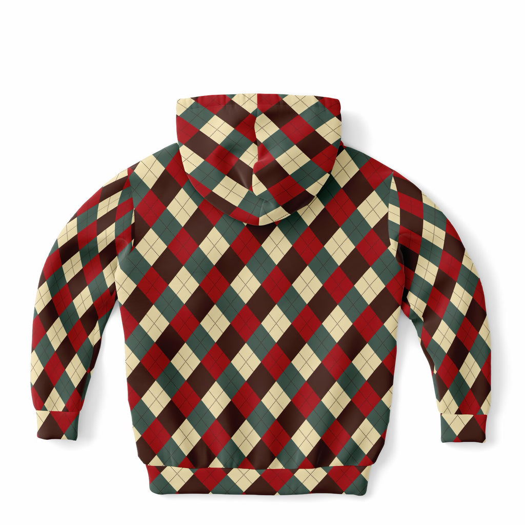 Kids Vintage Christmas Argyle Hoodie – Ultra Comfy & Stretchy, Cozy Fleece or Lightweight Sports Fabric, Double-Layer Hood & Kangaroo Pocket