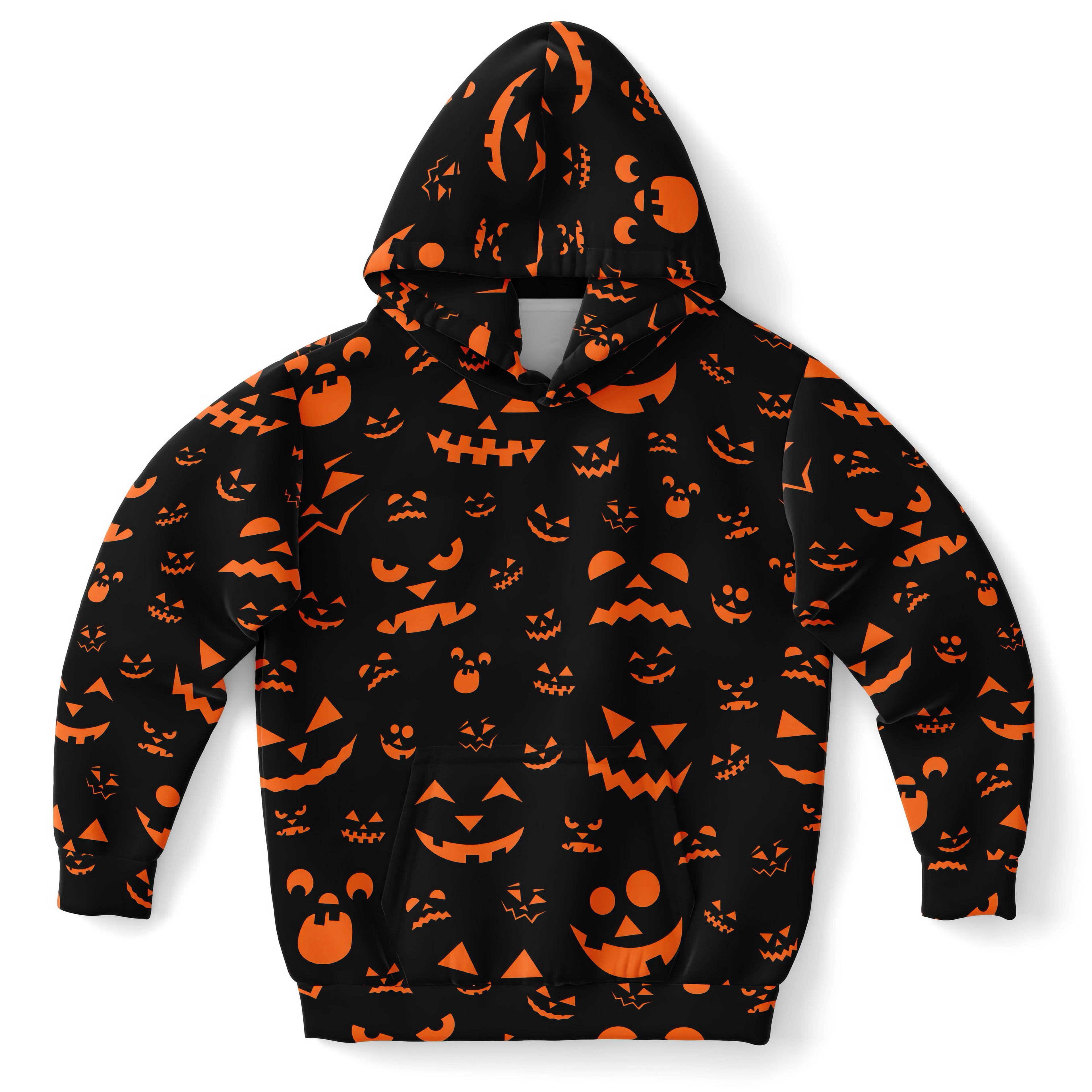 Kids orange jack-o-lantern halloween hoodie in black cotton fleece with printed pumpkin faces for cozy wear