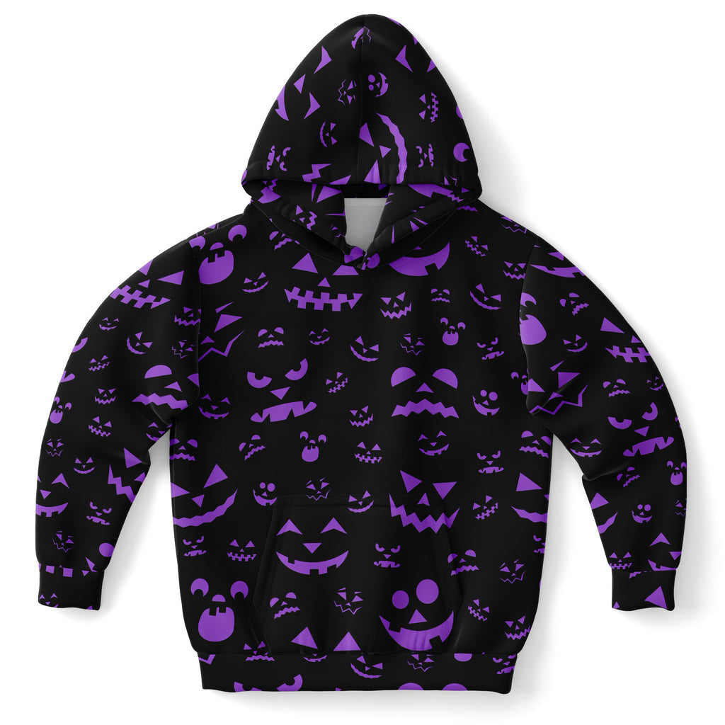 Kids purple jack-o-lantern halloween hoodie in black cotton fleece with vibrant purple pumpkin face pattern