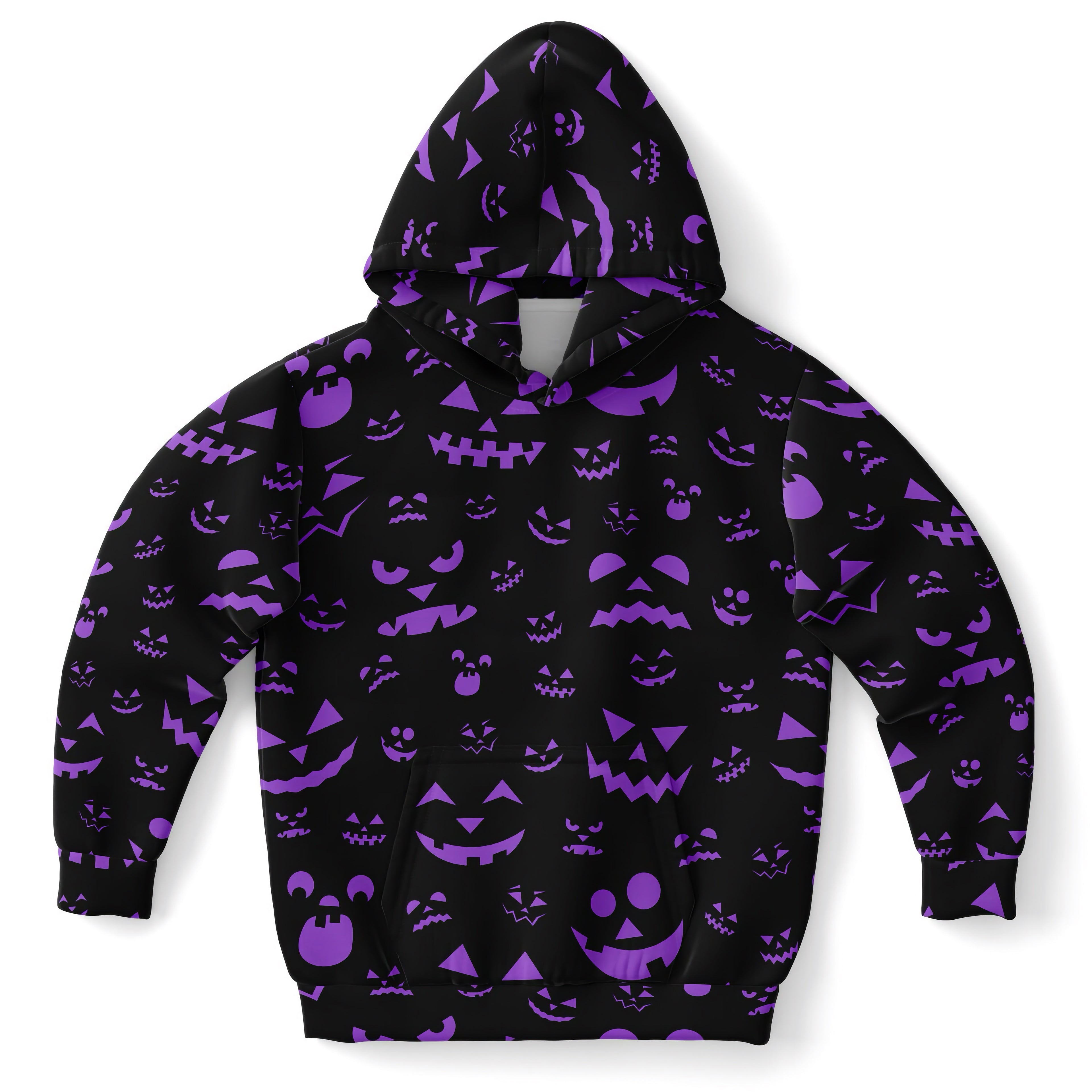 Kids purple jack-o-lantern halloween hoodie in black cotton fleece with vibrant purple pumpkin face pattern