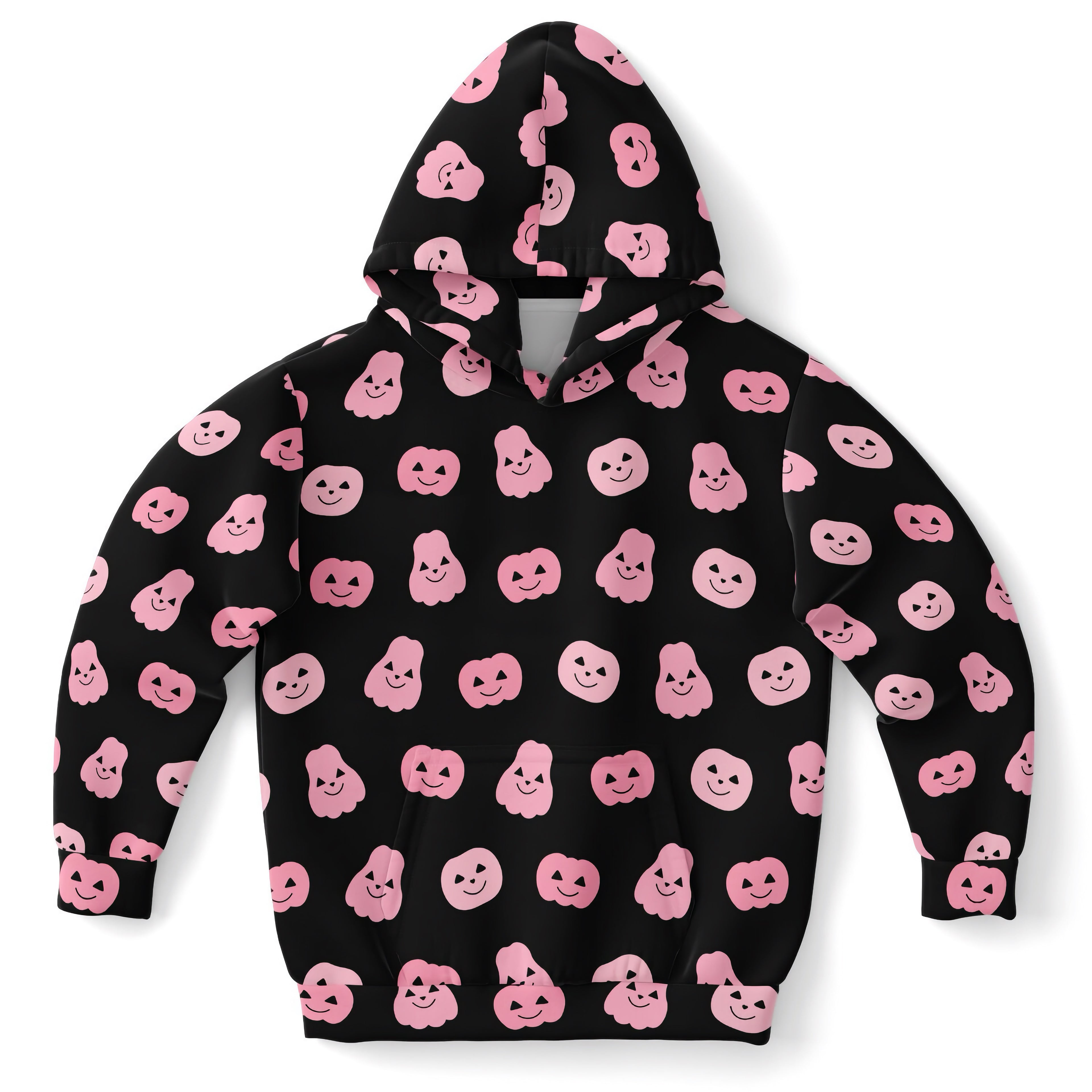 Black girls hoodie with playful pink smiling pumpkins and ghosts pattern made of cozy cotton fleece or lightweight fabric