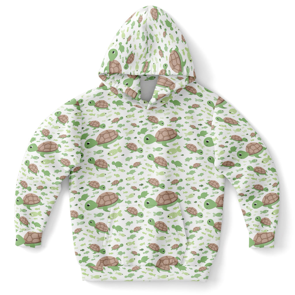 White kids hoodie with playful green and brown cartoon sea turtles print made of cozy cotton fleece or lightweight fabric