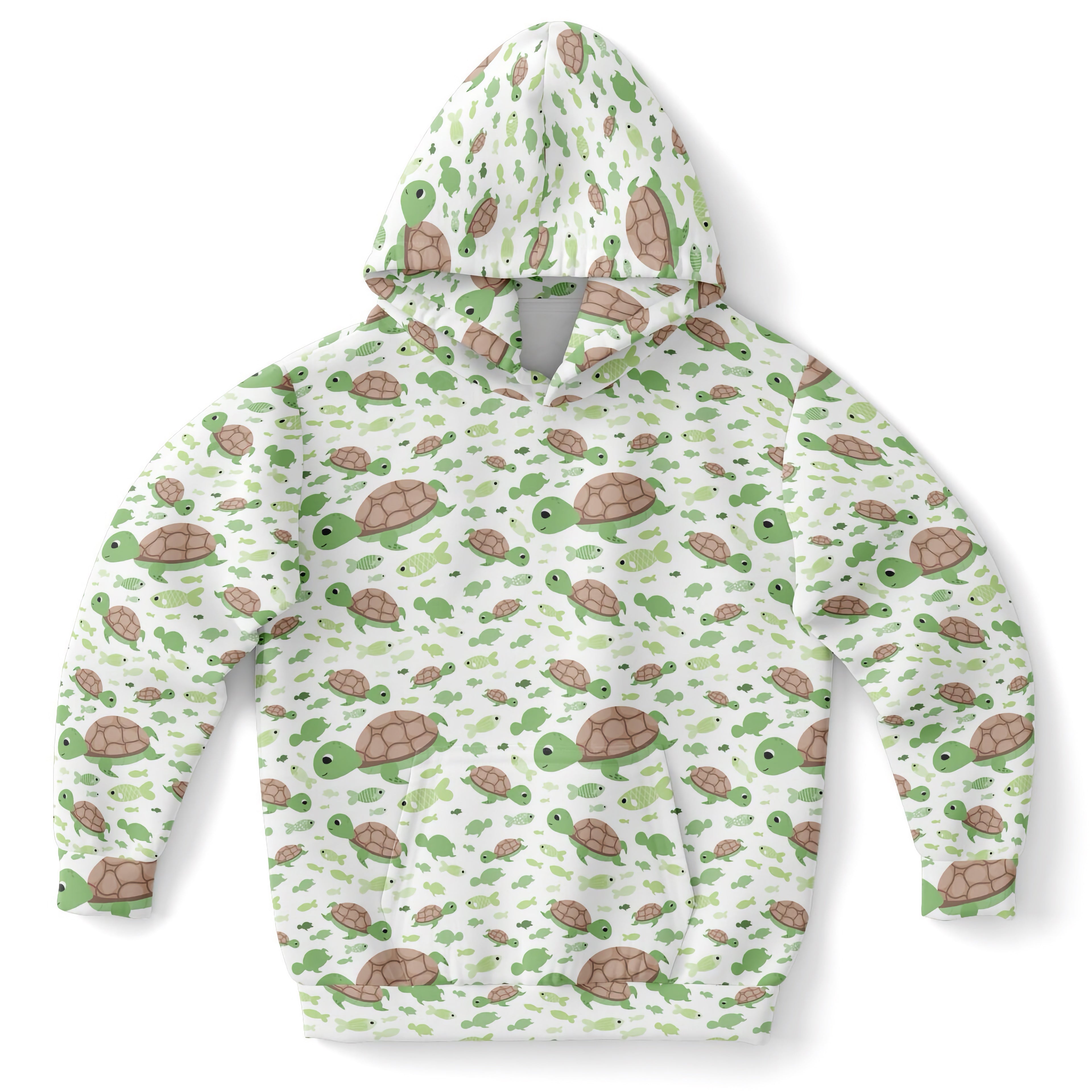 White kids hoodie with playful green and brown cartoon sea turtles print made of cozy cotton fleece or lightweight fabric