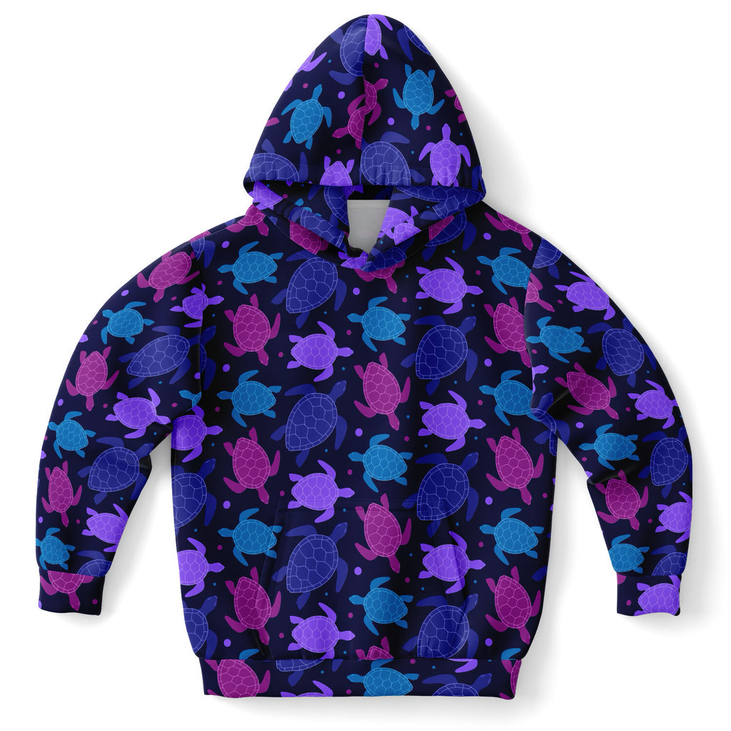 A girls dark navy hoodie with vibrant purple and blue sea turtle print made from cozy cotton fleece or lightweight fabric