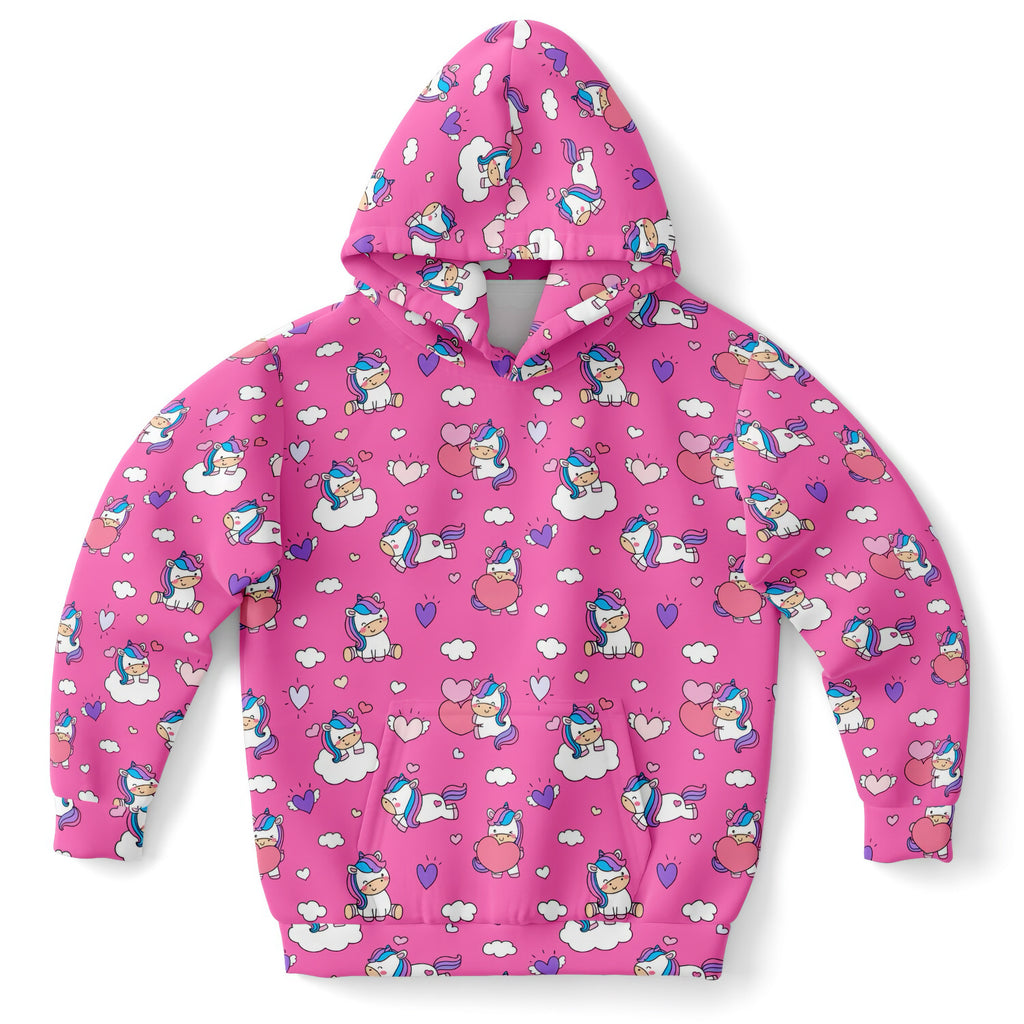 Girls purple unicorn hearts hoodie in cozy cotton fleece with playful cartoon unicorns clouds hearts and balloons pattern