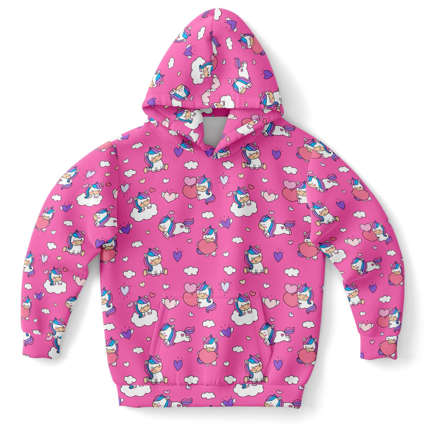 Girls Purple Unicorn Hearts Hoodie – Cozy Cotton Fleece or Lightweight Sports Fabric