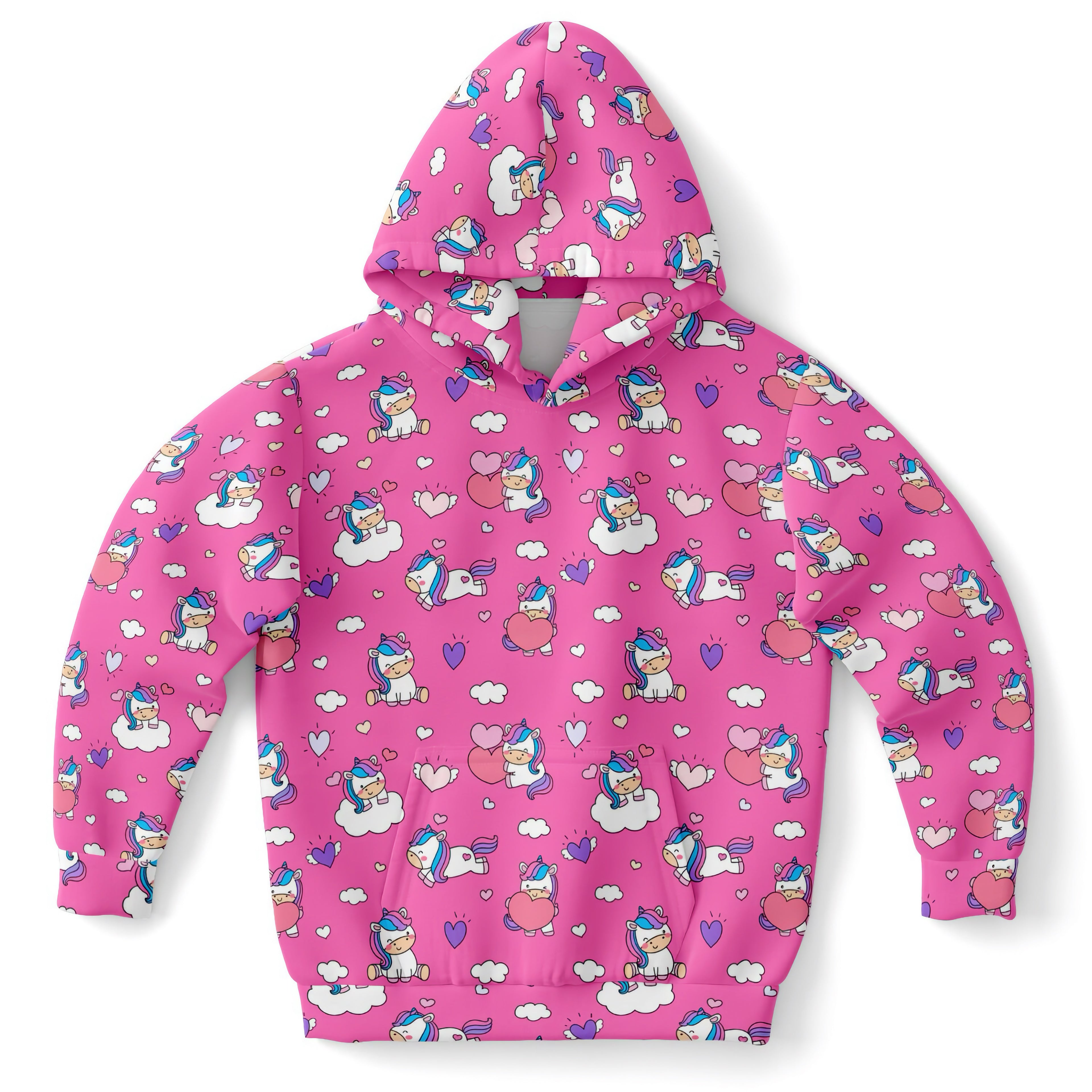 Girls purple unicorn hearts hoodie in cozy cotton fleece with playful cartoon unicorns clouds hearts and balloons pattern