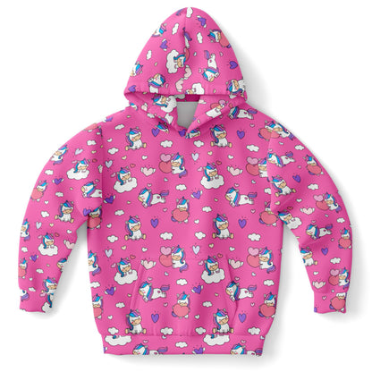 Girls Purple Unicorn Hearts Hoodie – Cozy Cotton Fleece or Lightweight Sports Fabric