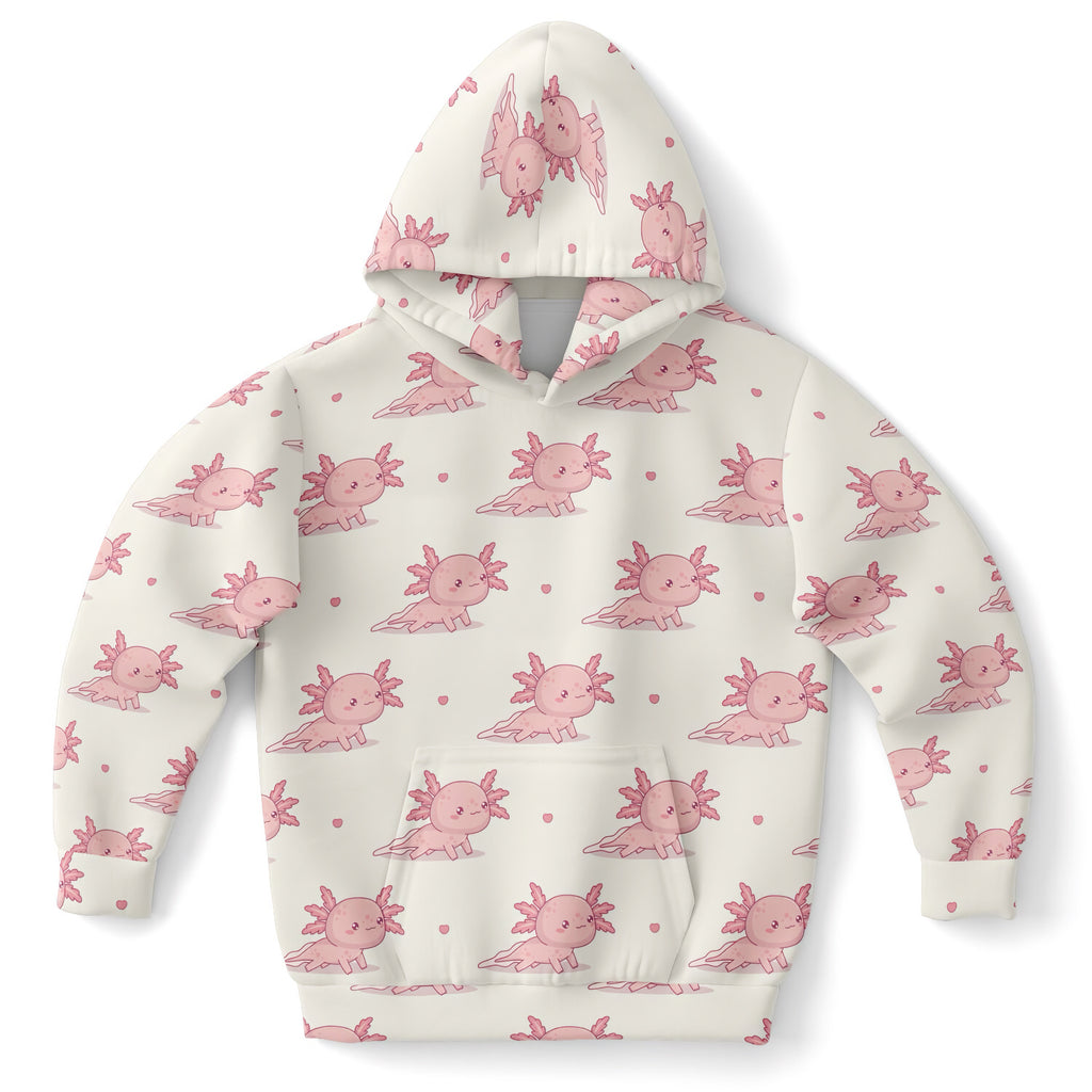 Girls Pink Axolotl Hoodie – Cozy Cotton Fleece or Lightweight Sports Fabric