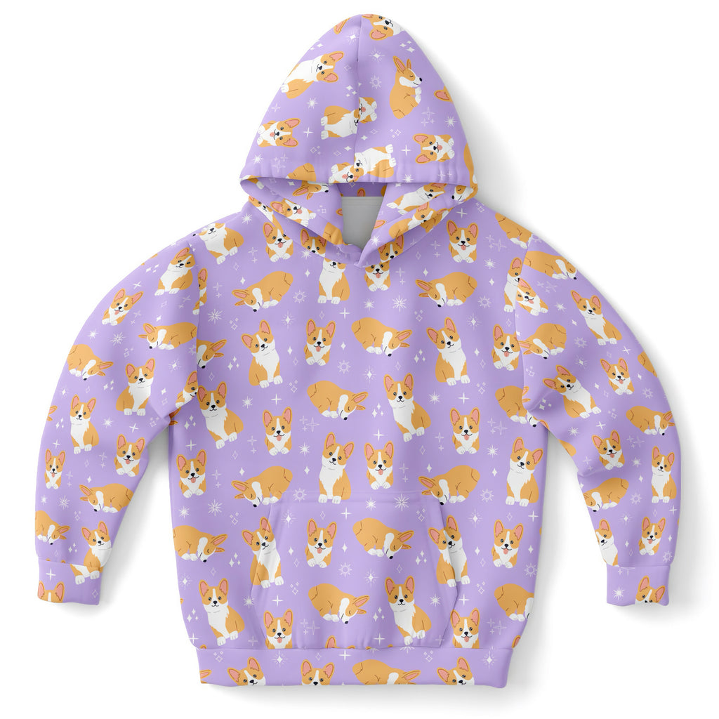 Girls Purple Corgi Dog Hoodie – Cozy Cotton Fleece or Lightweight Sports Fabric