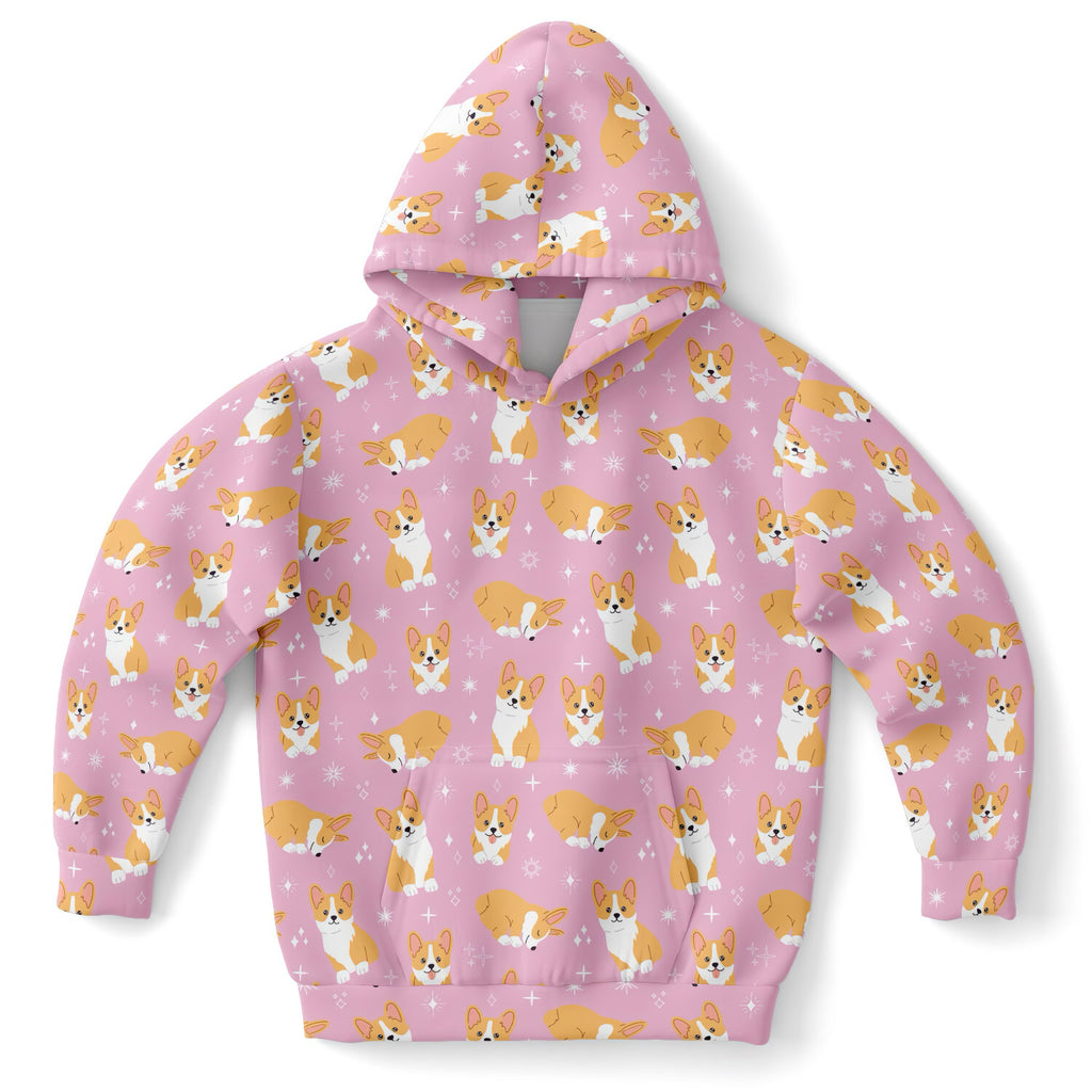 Girls pink corgi dog hoodie in cozy cotton fleece with playful tan and white cartoon corgis and star accents