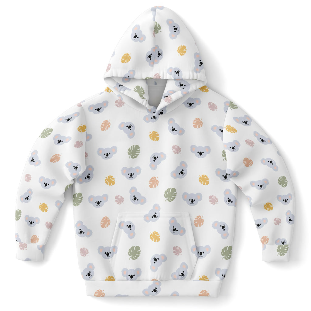 Kids koala bear hoodie in white cotton fleece with gray koalas and soft yellow green peach tropical leaf pattern