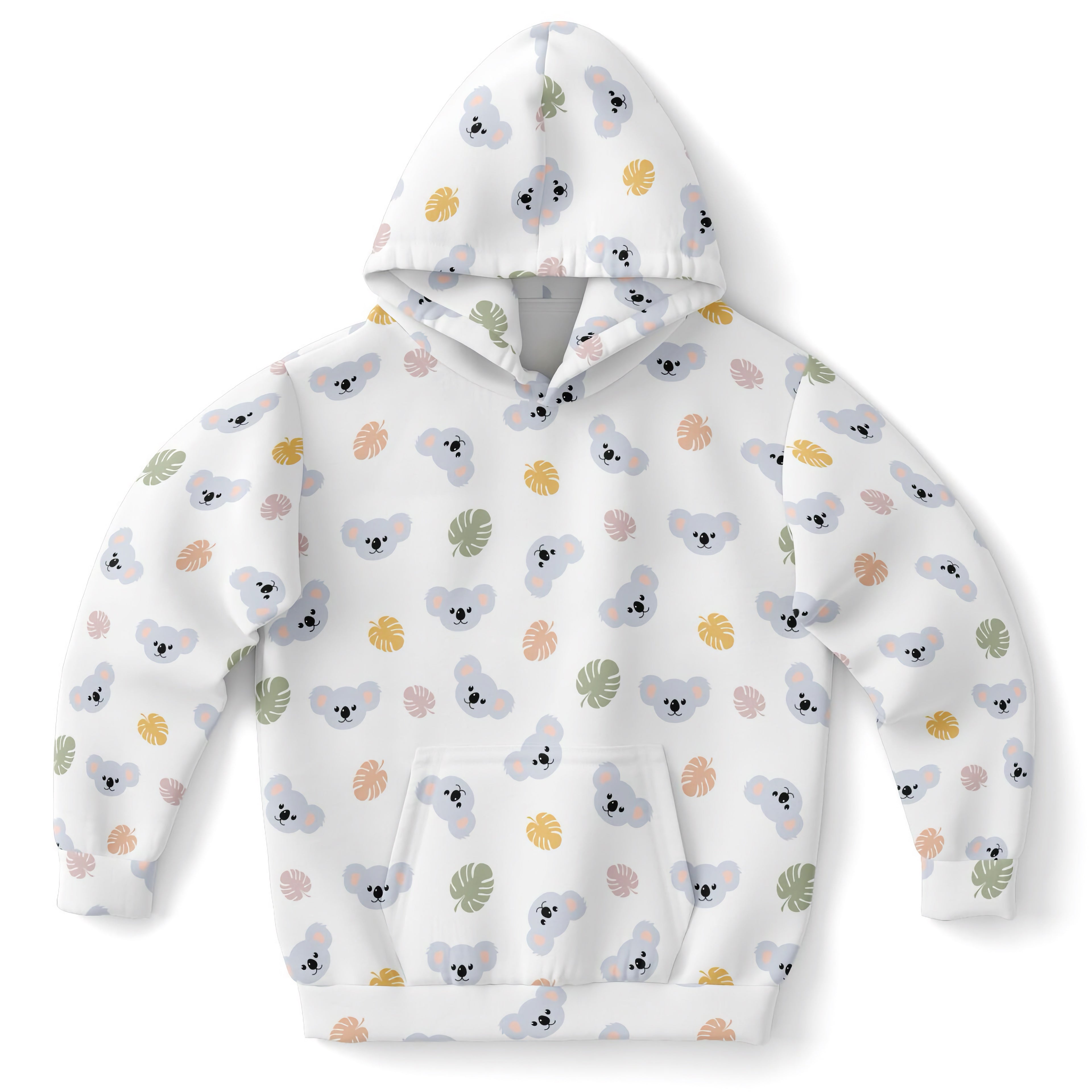 Kids koala bear hoodie in white cotton fleece with gray koalas and soft yellow green peach tropical leaf pattern
