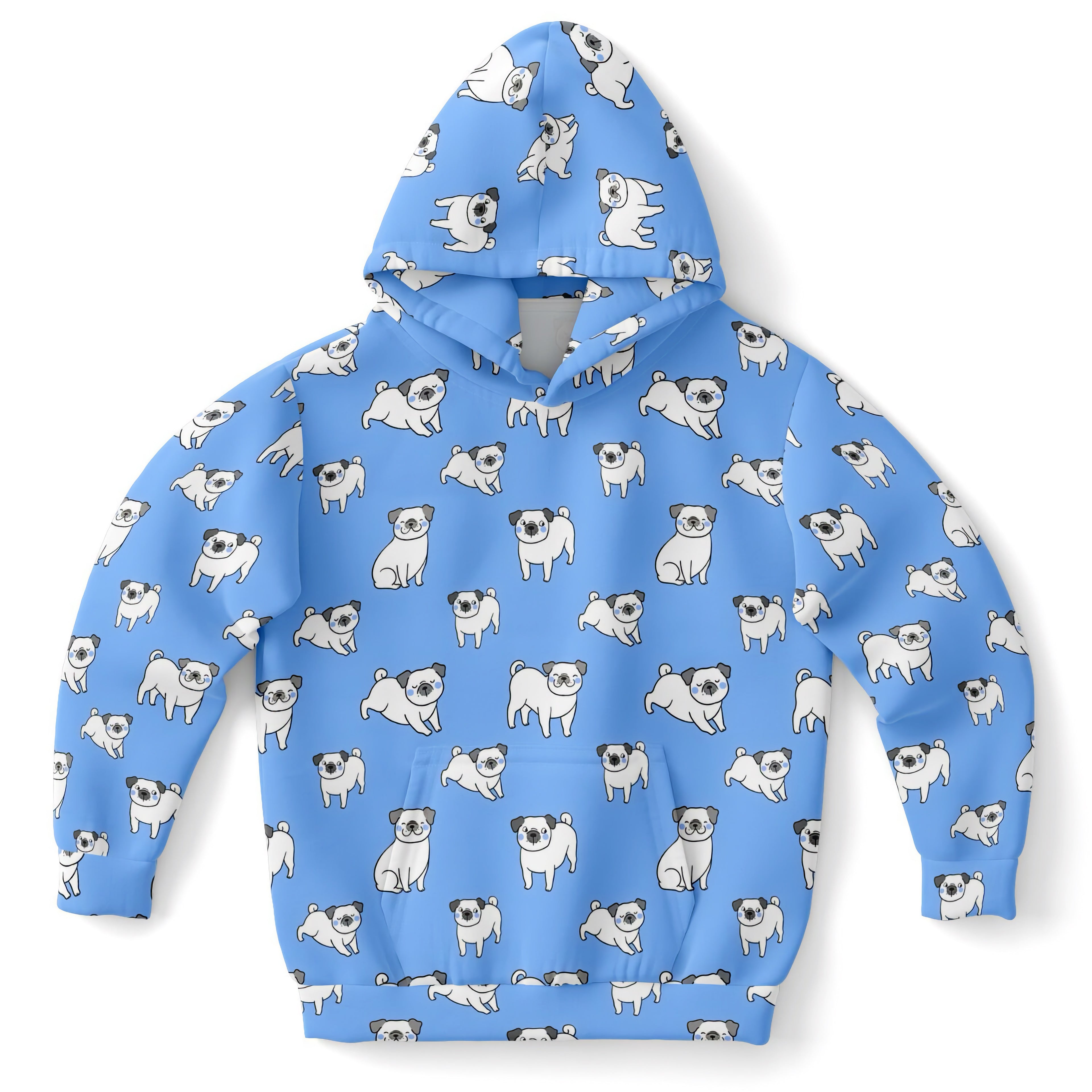 Kids Blue Pug Hoodie – Cozy Cotton Fleece or Lightweight Sports Fabric