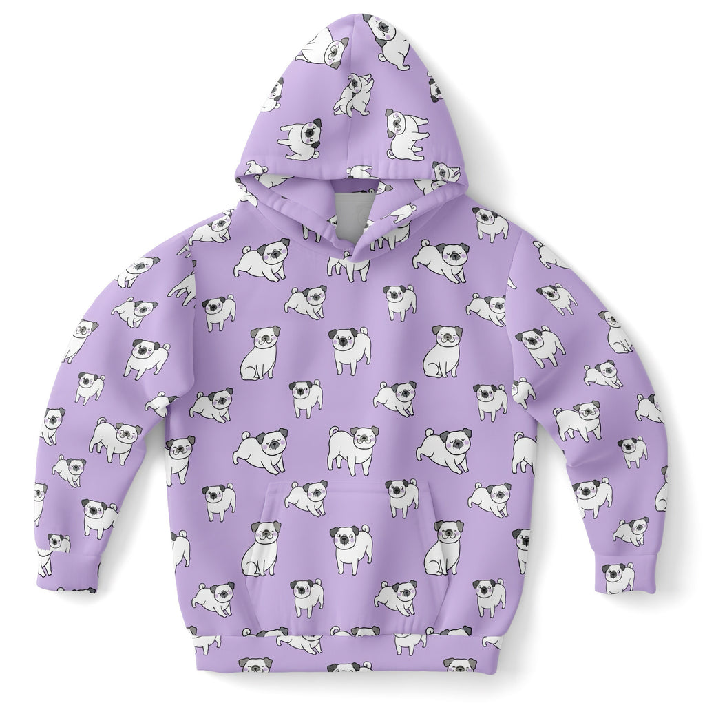 Girls purple pug hoodie in cozy cotton fleece with playful white pug print all over lavender fabric