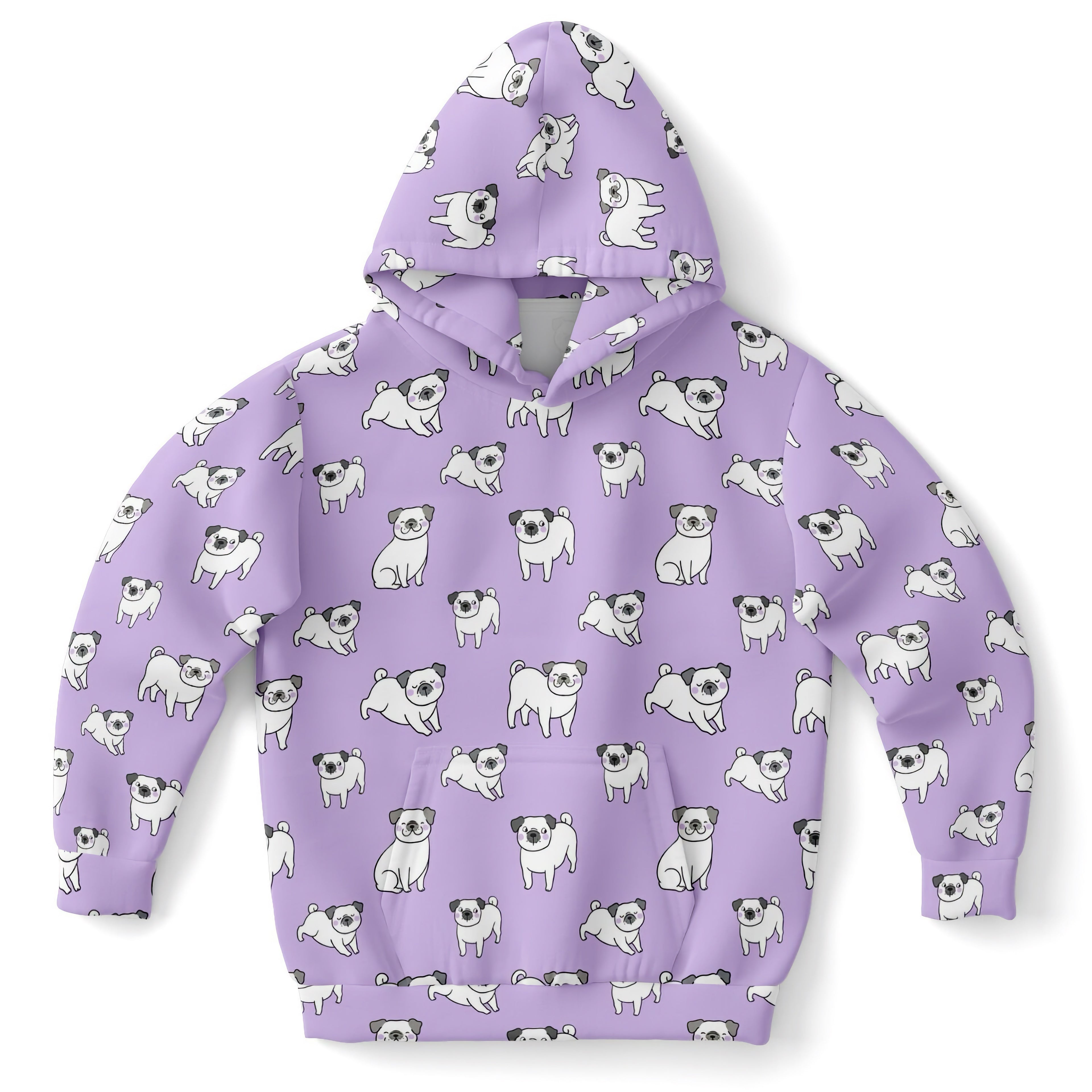 Girls purple pug hoodie in cozy cotton fleece with playful white pug print all over lavender fabric