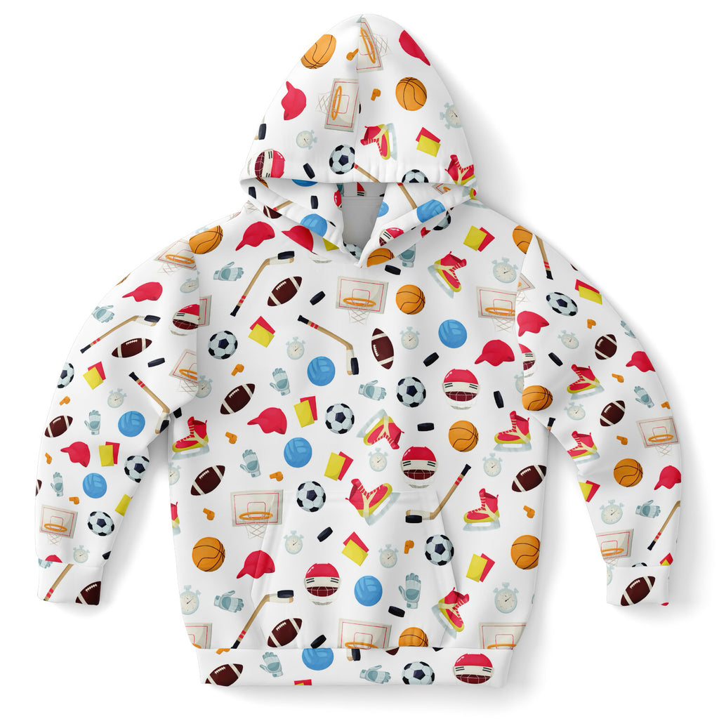 White kids sports themed hoodie with colorful basketball soccer cleats print made from cozy cotton fleece