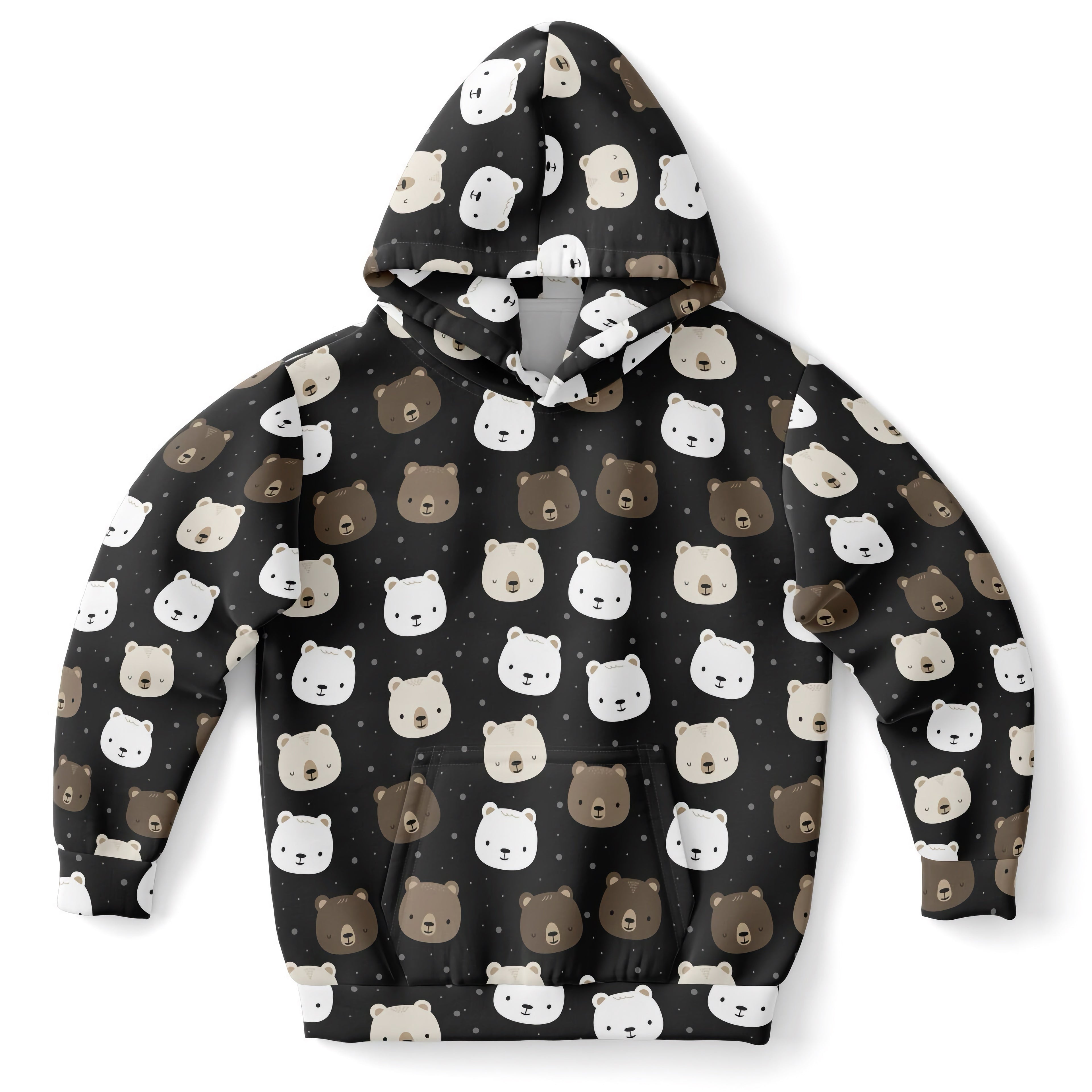 Black kids bear face hoodie with playful white and brown bear pattern on cozy cotton fleece for casual wear