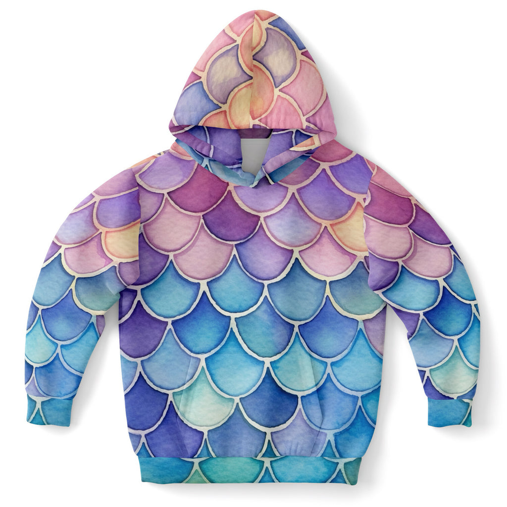 Girls watercolor mermaid hoodie with full-sleeve purple blue pink mermaid scales in cozy cotton fleece fabric