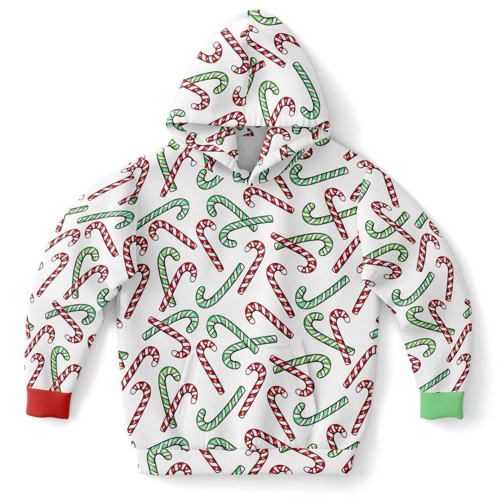 Kids Red & Green Candy Cane Christmas Hoodie – Cozy Cotton Fleece or Lightweight Sports Fabric