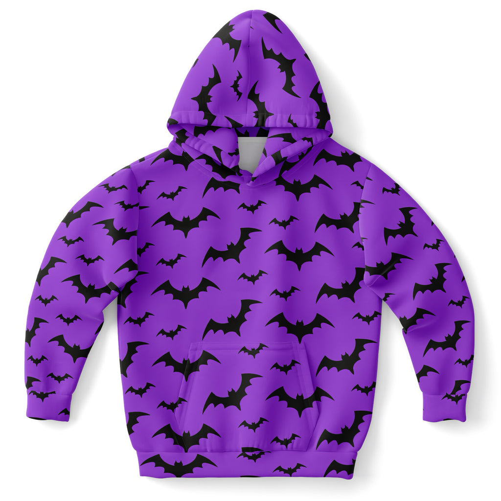 Kids purple bats halloween hoodie with black bat patterns made of cozy cotton fleece or lightweight sports fabric
