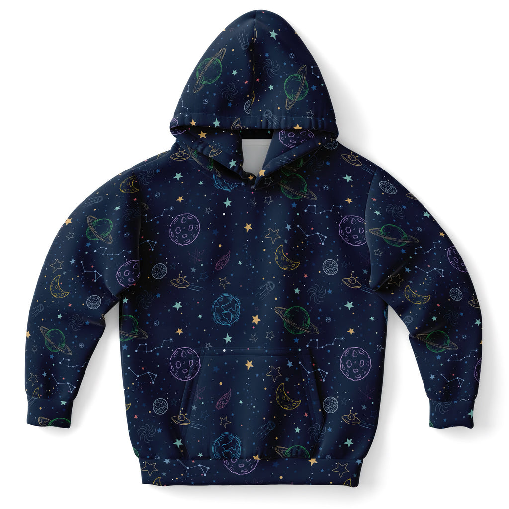 Navy blue kids colorful galaxy space hoodie with pastel planets and stars print made of cozy cotton fleece
