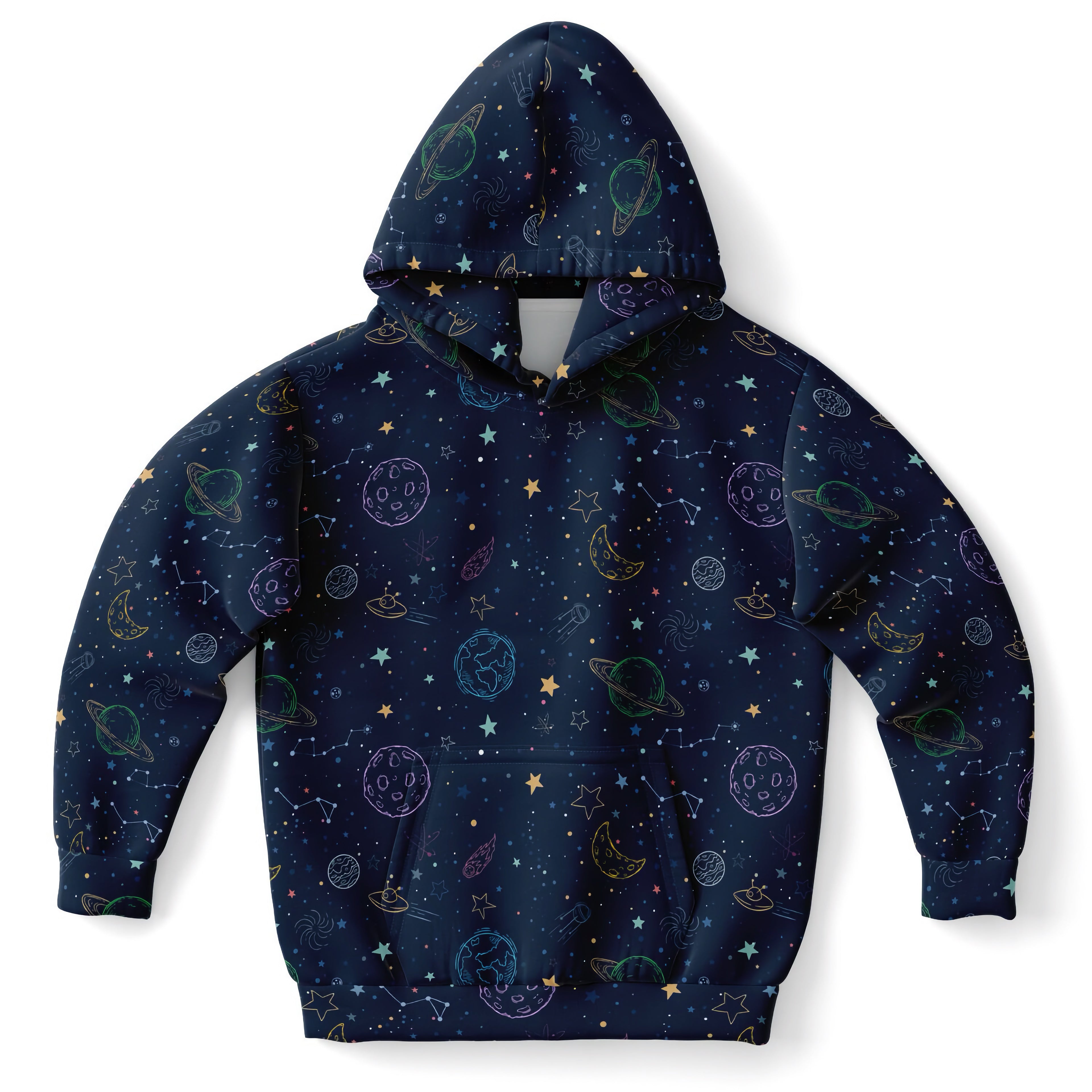 Navy blue kids colorful galaxy space hoodie with pastel planets and stars print made of cozy cotton fleece