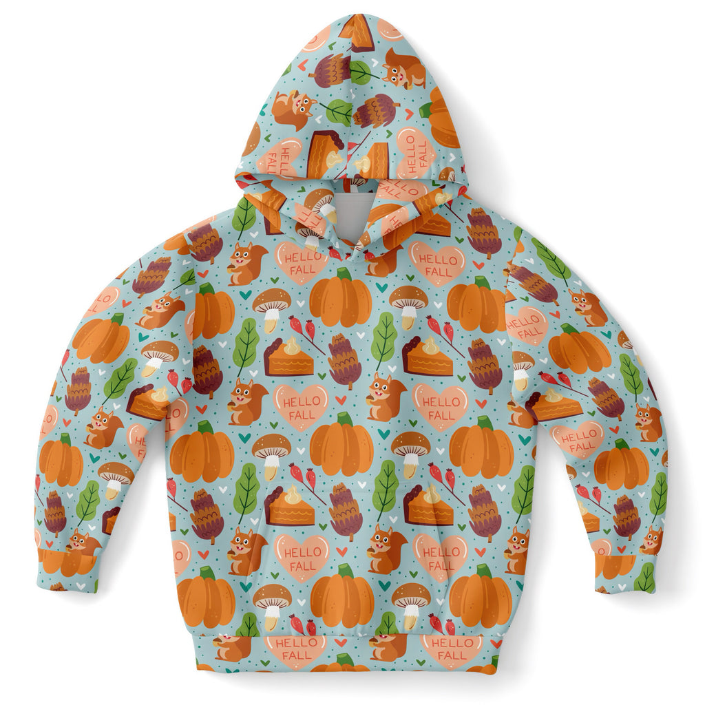 Kids hello fall autumn themed light blue hoodie with playful pumpkins squirrels mushrooms on cozy cotton fleece