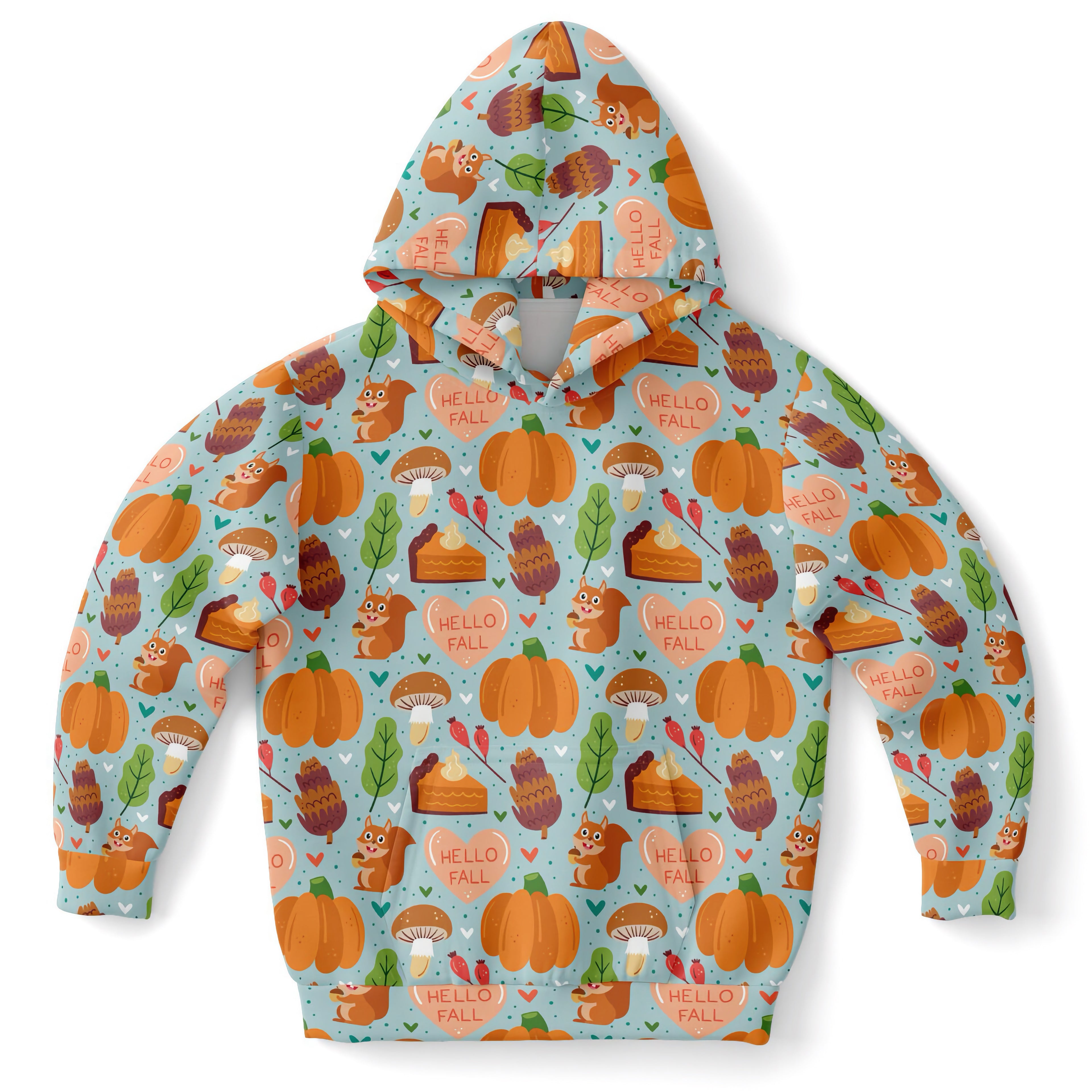 Kids hello fall autumn themed light blue hoodie with playful pumpkins squirrels mushrooms on cozy cotton fleece