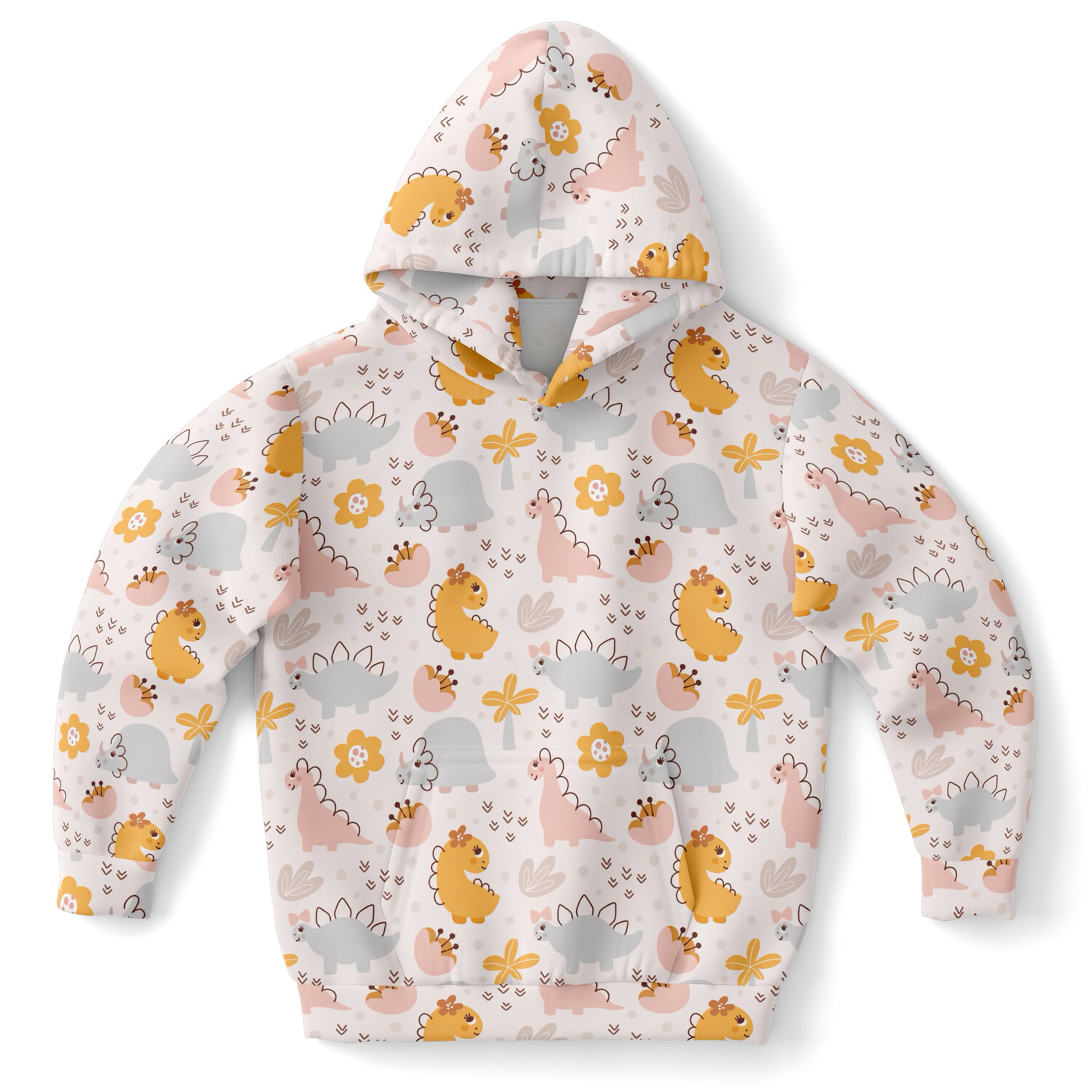 Girls Pastel Floral Dinosaur Hoodie – Cozy Cotton Fleece or Lightweight Sports Fabric