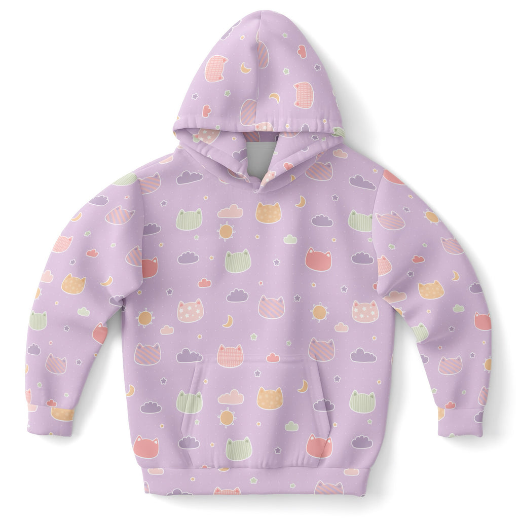 Girls Pastel Purple Kawaii Cats & Clouds Hoodie – Cozy Cotton Fleece or Lightweight Sports Fabric