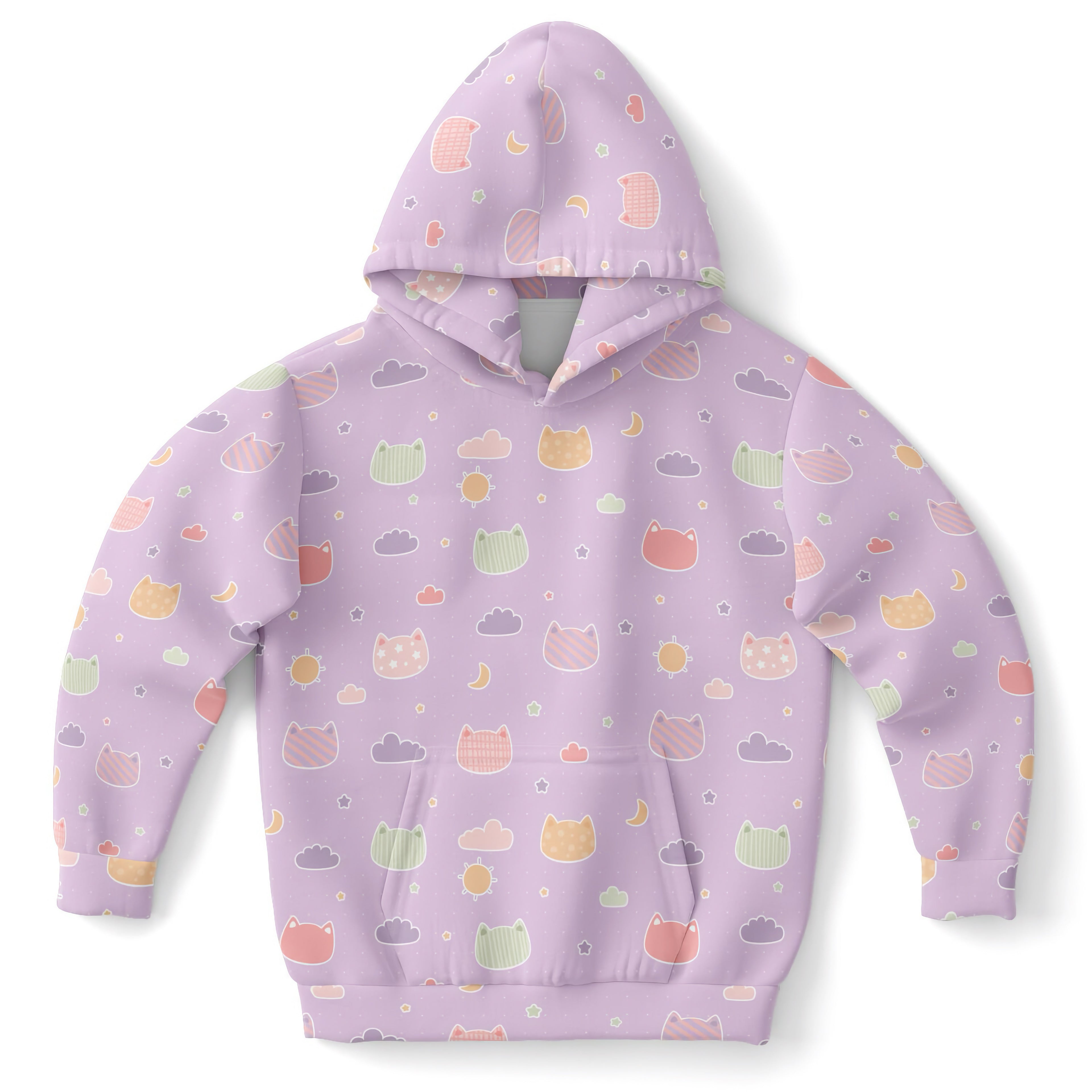 Girls Pastel Purple Kawaii Cats & Clouds Hoodie – Cozy Cotton Fleece or Lightweight Sports Fabric