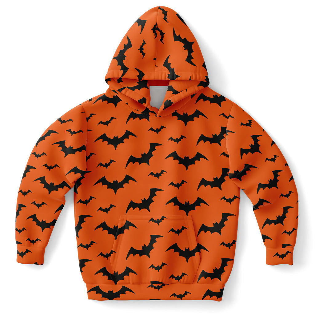 Kids orange bats halloween hoodie with black bat patterns made of cozy cotton fleece or lightweight sports fabric