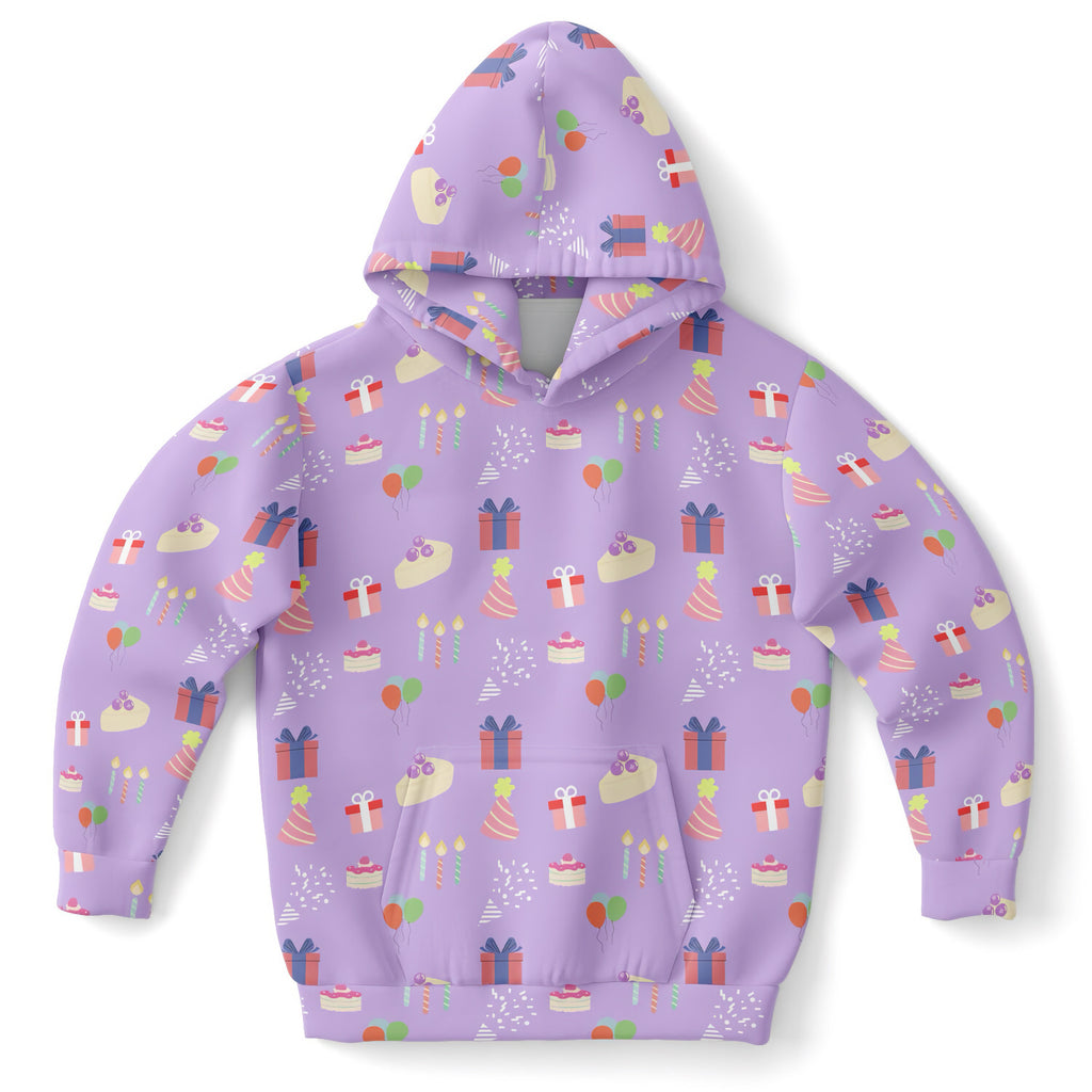 Girls Purple Birthday Pattern Hoodie – Cozy Cotton Fleece or Lightweight Sports Fabric