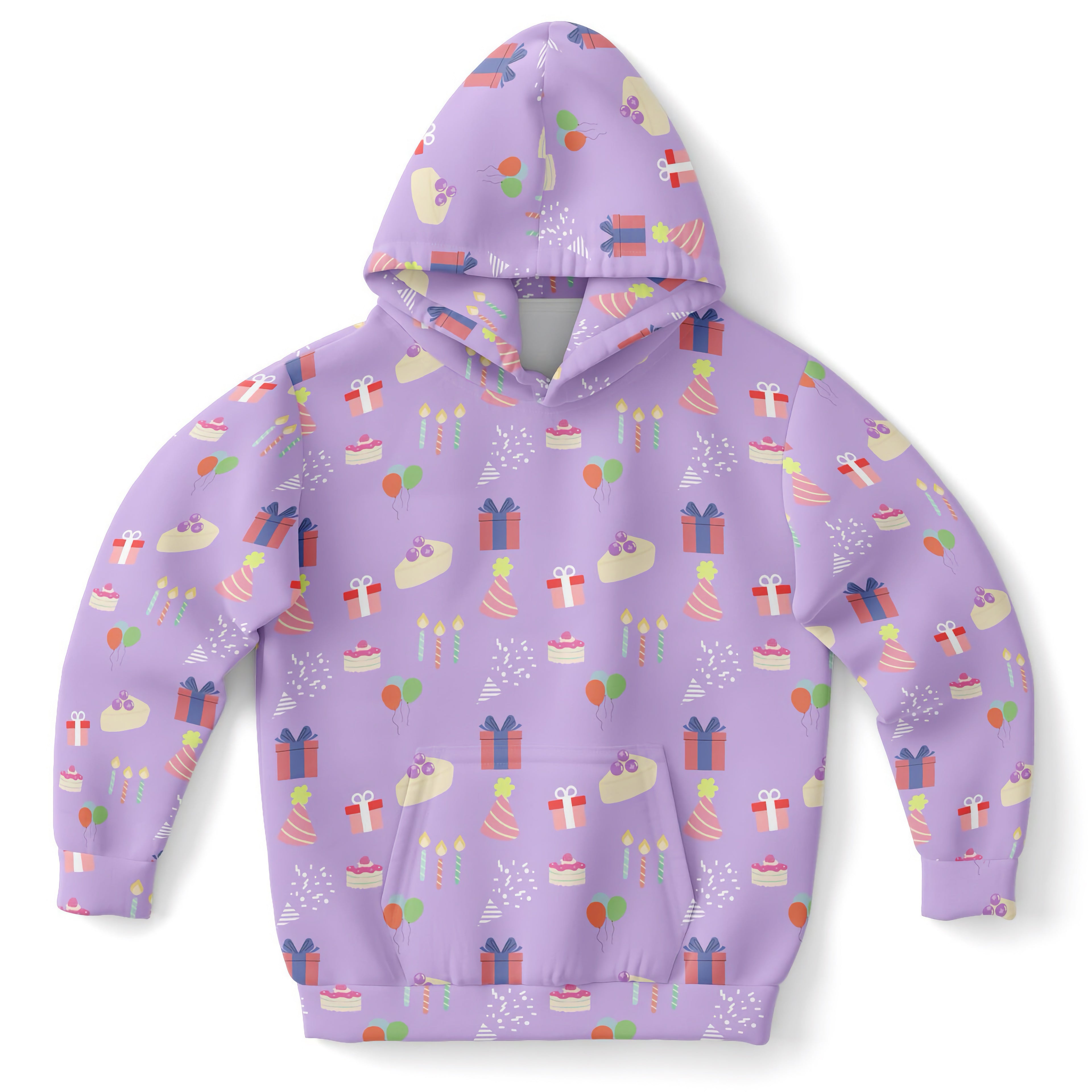 Girls Purple Birthday Pattern Hoodie – Cozy Cotton Fleece or Lightweight Sports Fabric