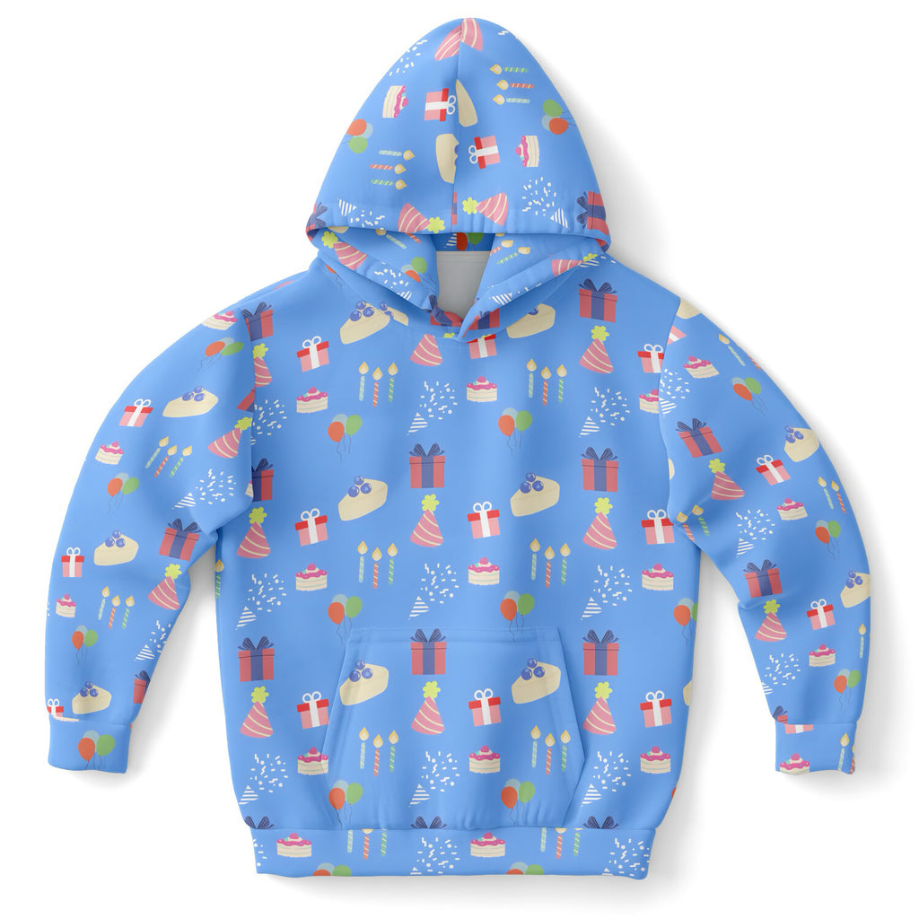 Kids Blue Birthday Pattern Hoodie – Cozy Cotton Fleece or Lightweight Sports Fabric