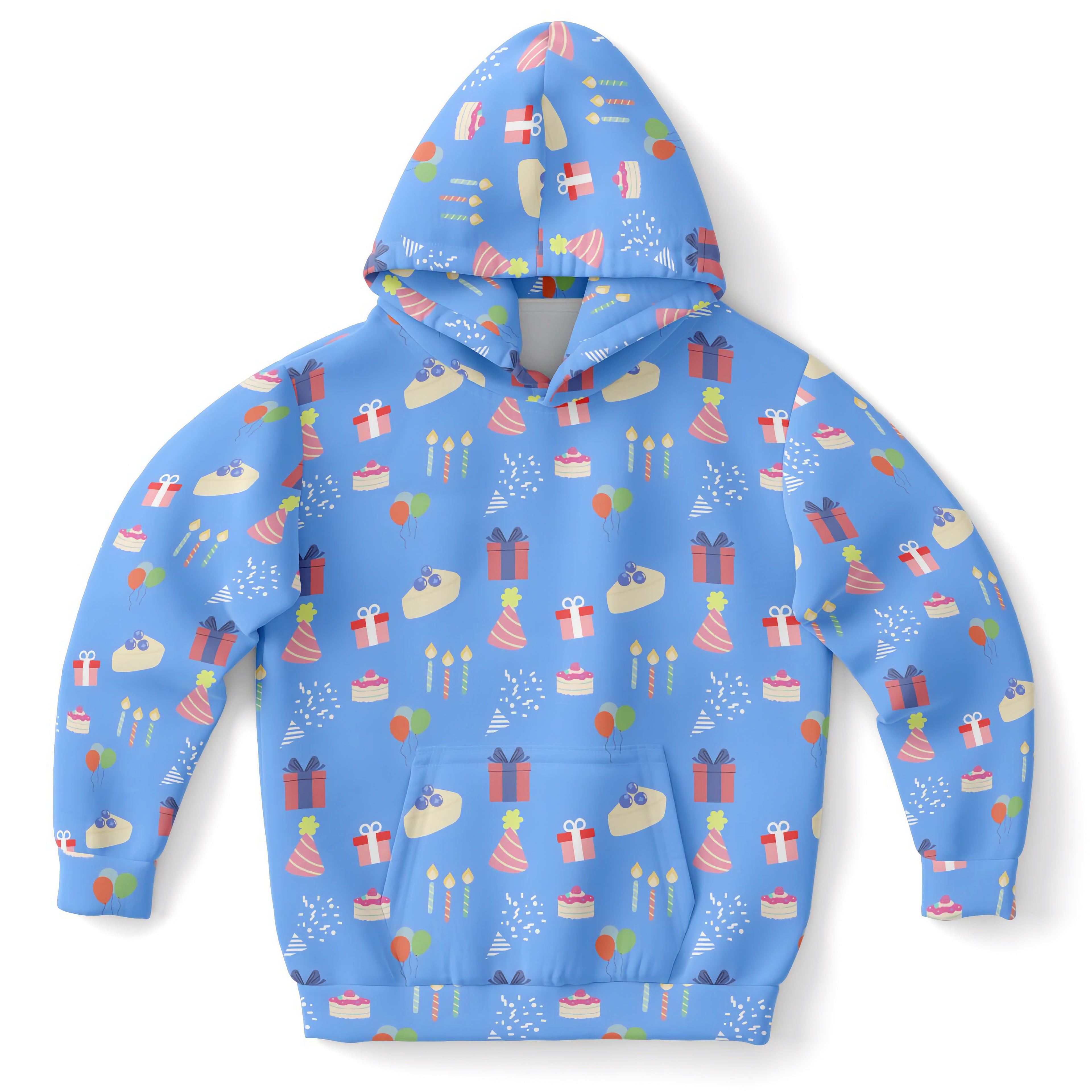 Kids Blue Birthday Pattern Hoodie – Cozy Cotton Fleece or Lightweight Sports Fabric