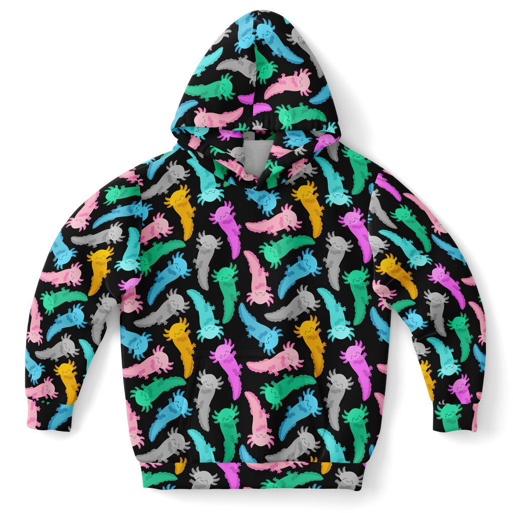 Black kids hoodie with colorful cartoon axolotl print made of cozy cotton fleece or lightweight sports fabric