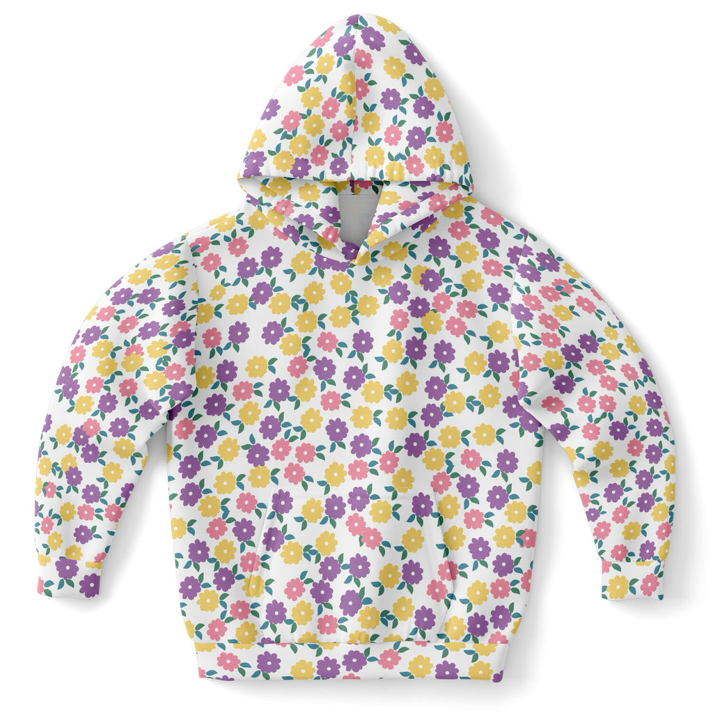 Girls colorful floral hoodie in white with pink purple yellow flowers and green leaves made of cozy cotton fleece